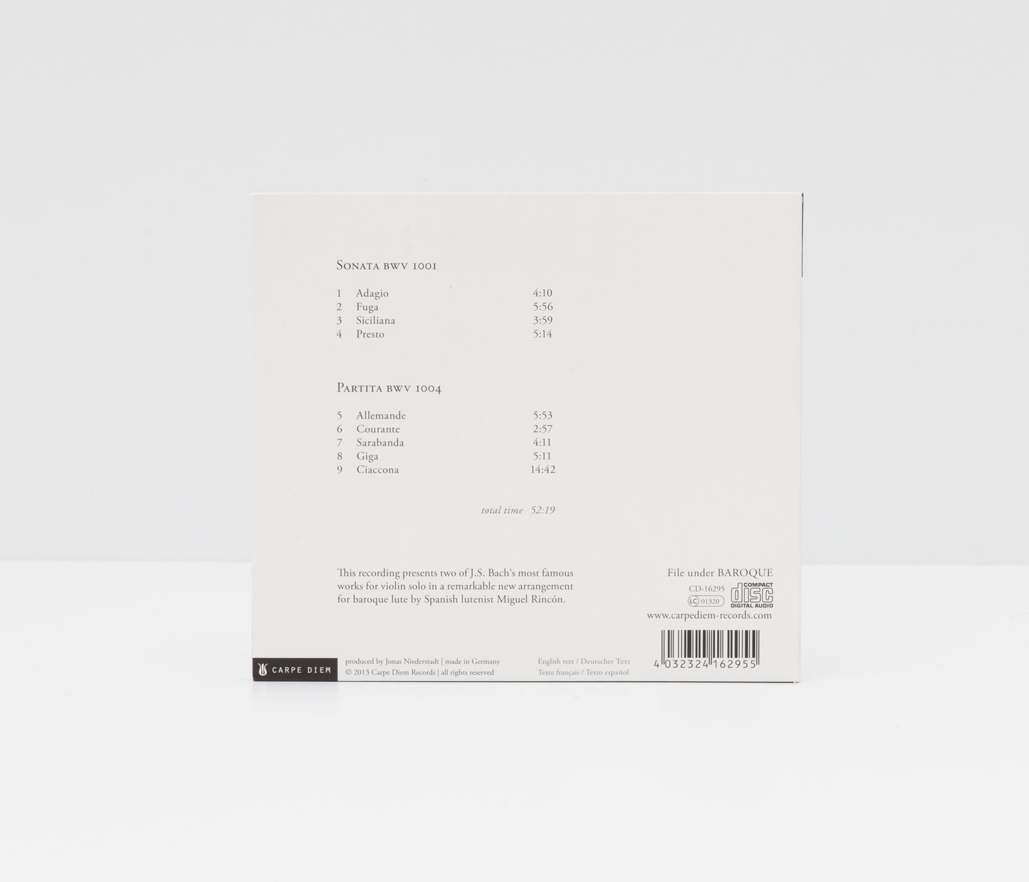 Album back cover of "J.S. Bach BWV 1001 & 1004" by Miguel Rincon, saying "This recording presents two of J.S. Bach's most famous works for violin solo in a remarkable new arrangement for baroque lute by Spanish lutenist Miguel Rincon".