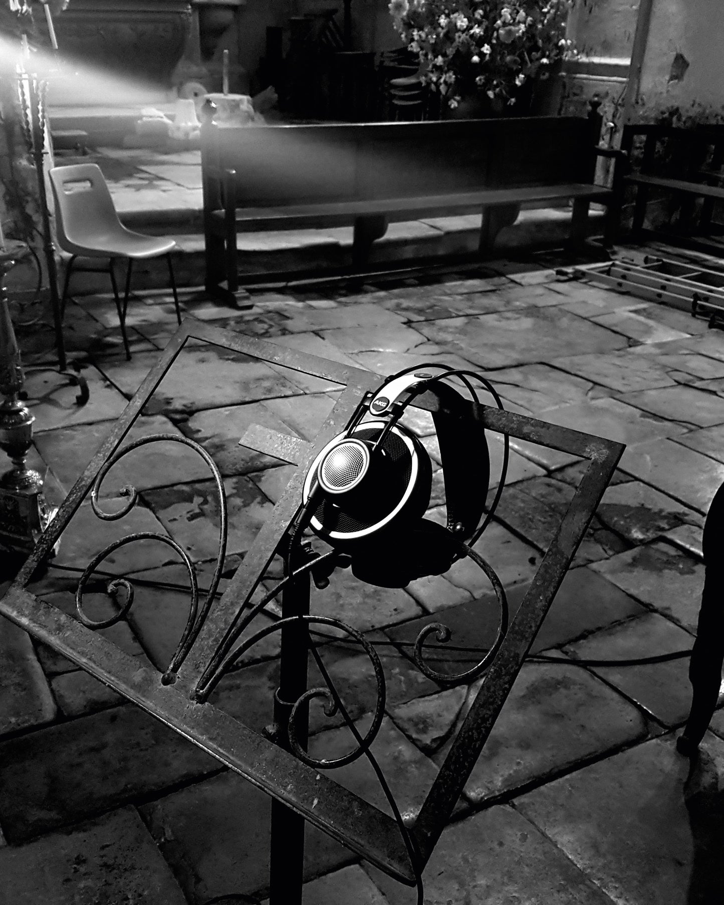 Headphones on a music stand, during the recording sessions for "Sweet melancholy".