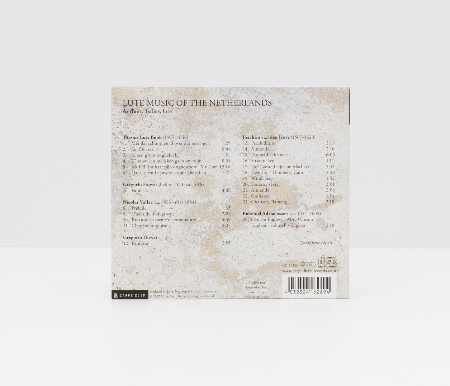 Digipack back cover of "Lute music of the Netherlands" by Anthony Bailes.
