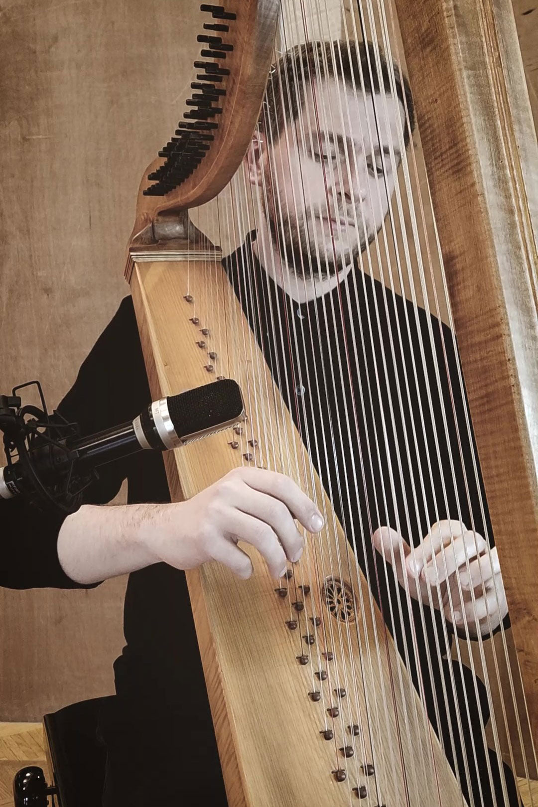 Maximilian Ehrhardt playing the harp at the recording sessions for his album "Diminutions" in the Klanghaus Studio Klein Jasedow.