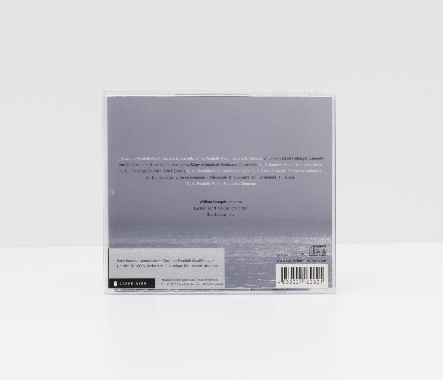 Album back cover of Style Fantastique by Le Concert Brise & William Dongois, saying "Early baroque sonatas from Giovanni Pandolfi-Mealli's op. 3 (Innsbruck 1660), performed in a unique live concert situation".