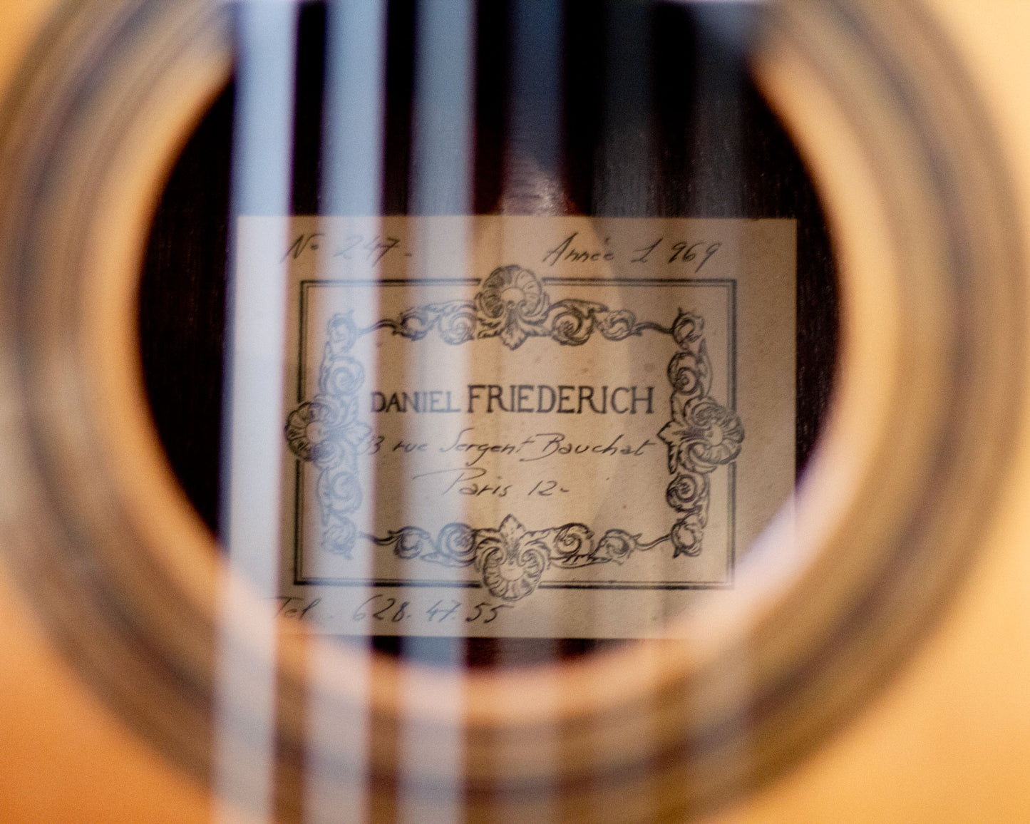 Soundhole and maker's sign of the classical guitar used for Elise Neumann's solo album "Bach & Castelnuovo-Tedesco" for Carpe Diem Records.