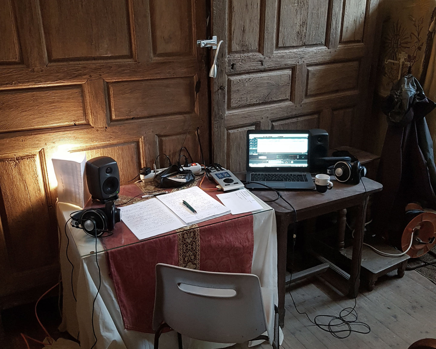 Improvised control room at the recording sessions for the album "Terzi - lute music" by Florent Marie, in a church in Normandy, France.