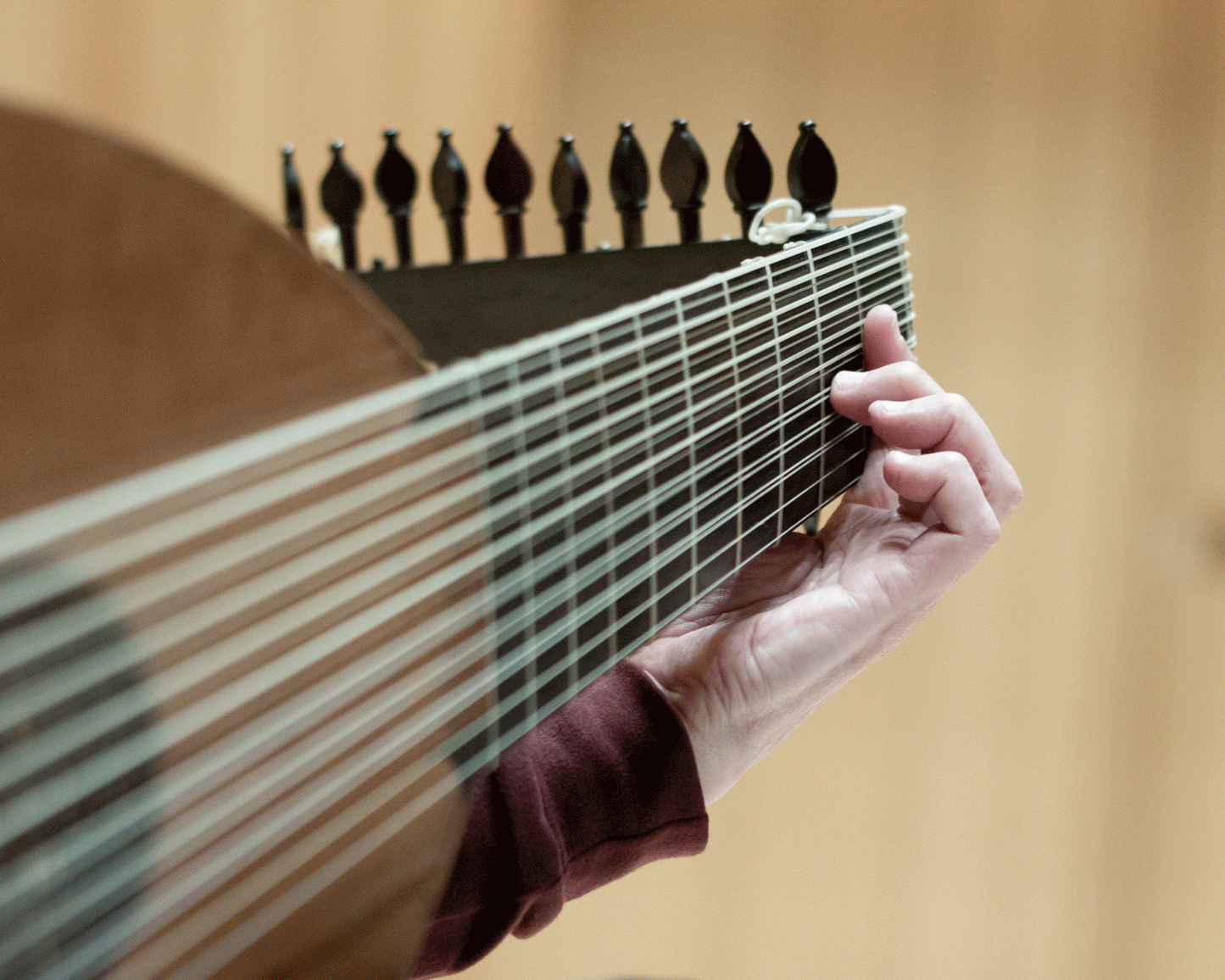 Detail of Toyohiko Satoh playing his original Greiff lute from 1611 during the recording sessions of his album "Viennese lute music" in Kirishima, Japan.