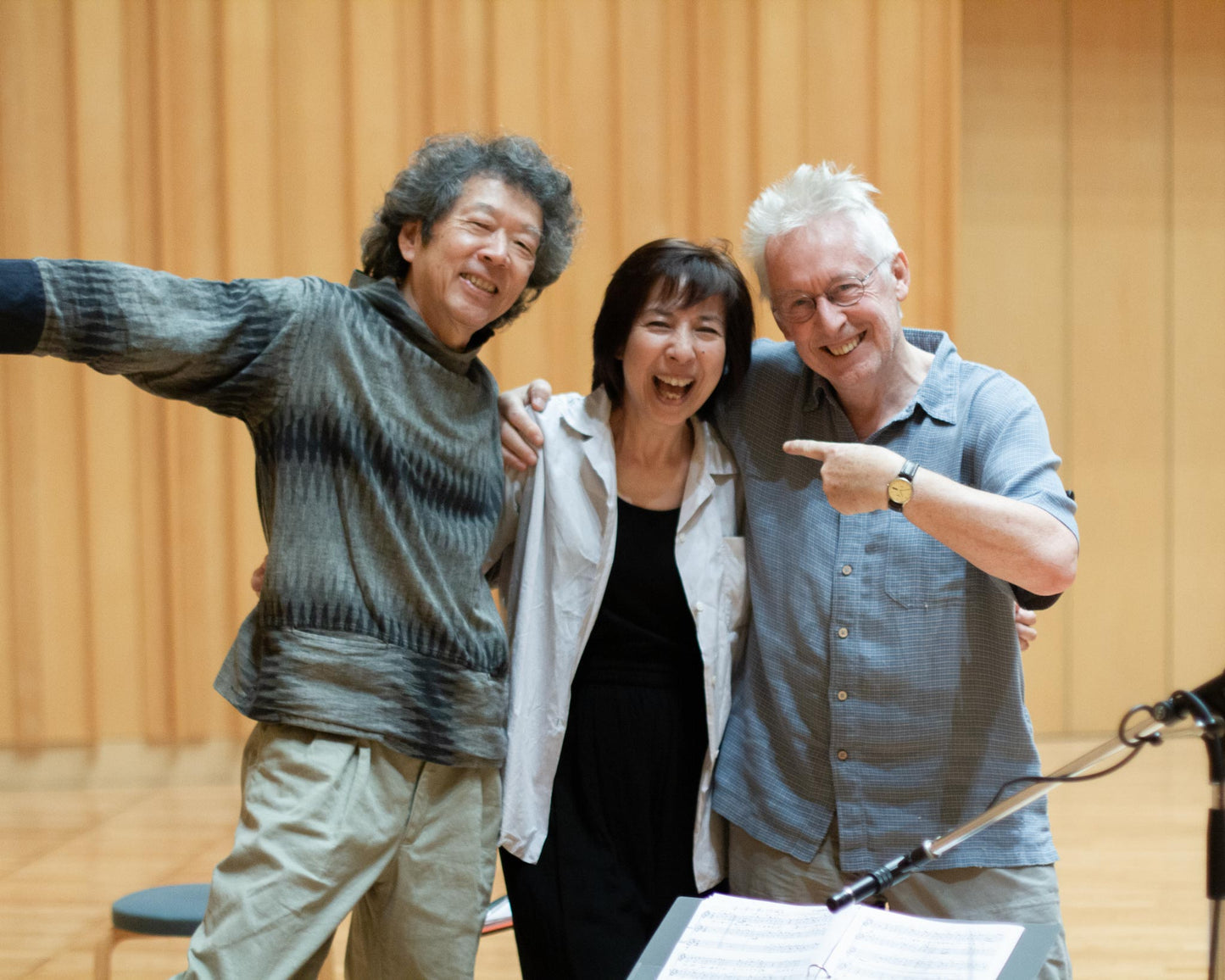 Three musicians, Chiyomi Yamada, Toyohiko Satoh and Walter van Hauwe at the recording sessions for the album "Yugen" for Carpe Diem Records, in Kirishima, Japan.