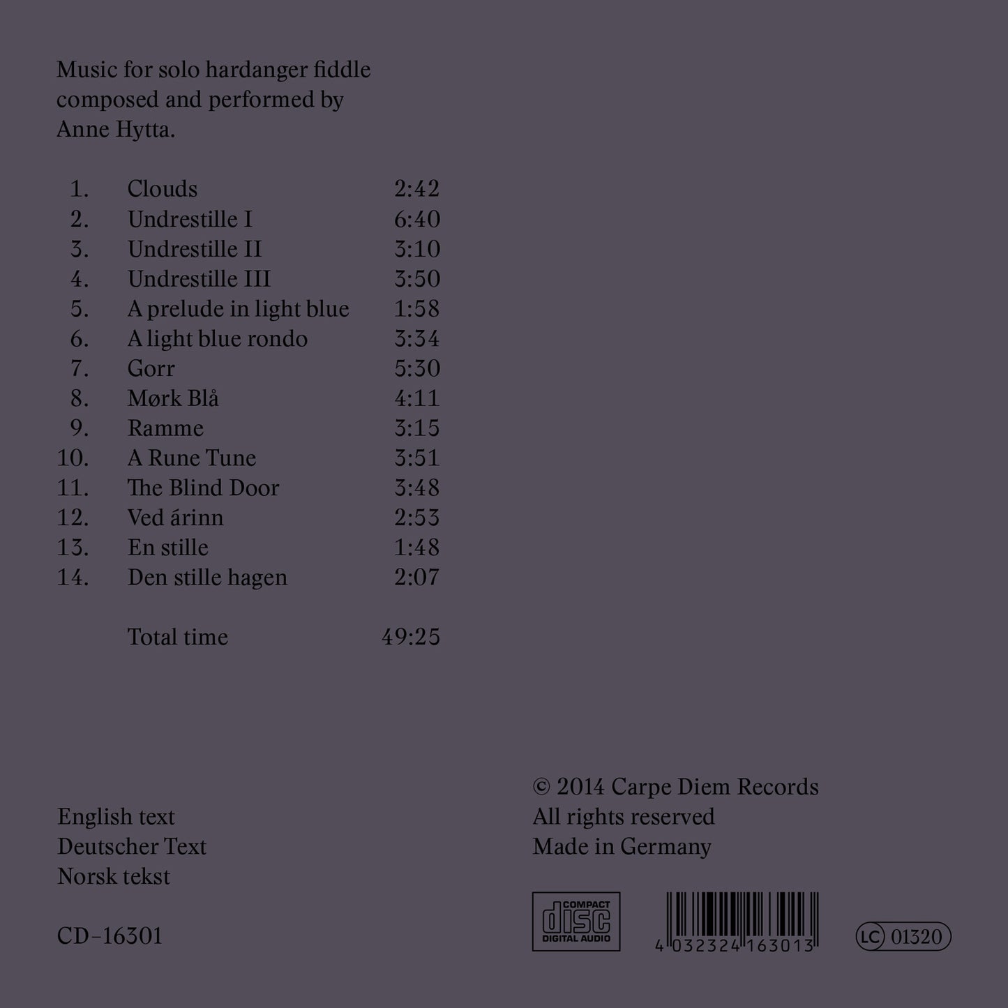 Album backcover of "Draumsyn", saying "Music for hardanger fiddle composed and performed by Anne Hytta"