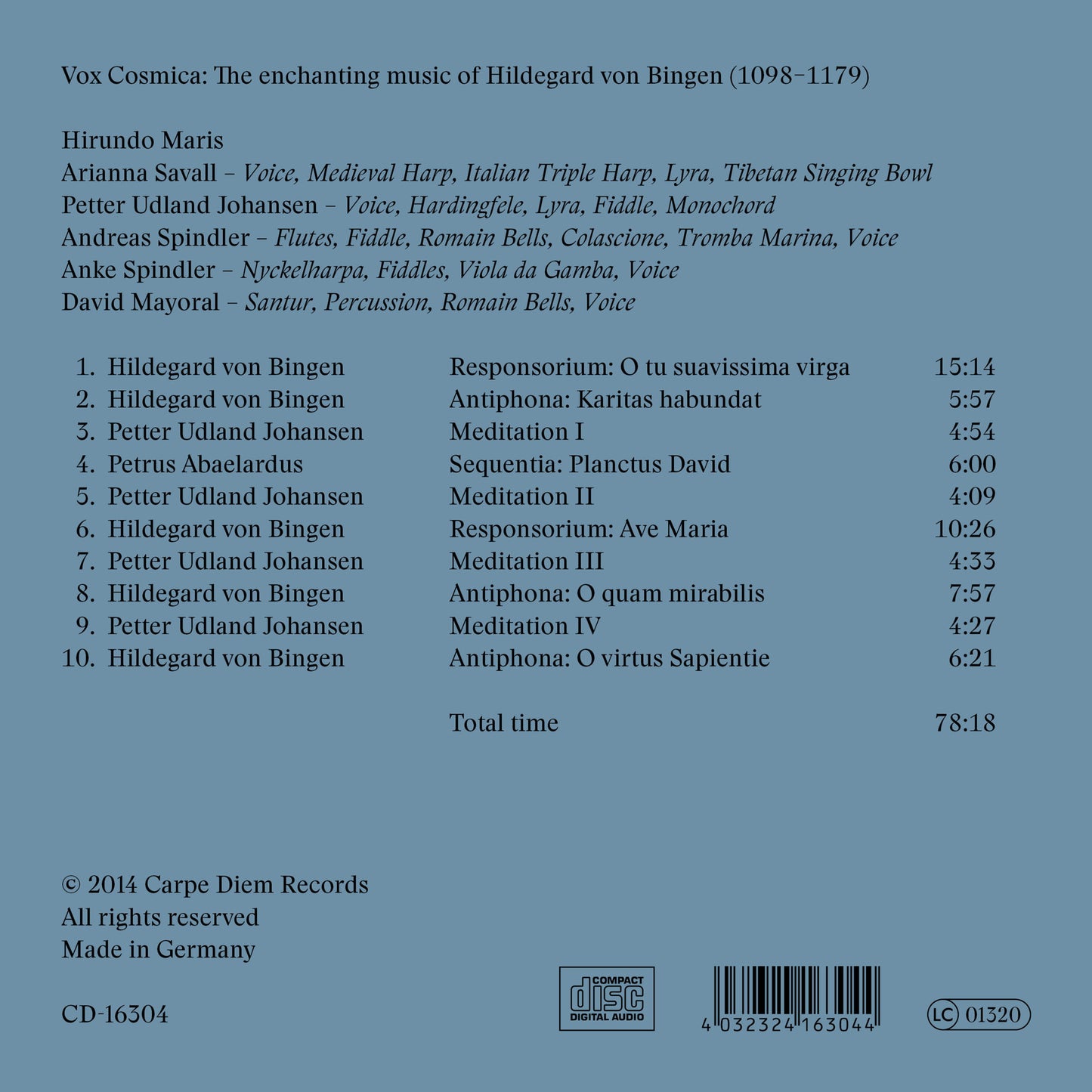 album backcover of Hildegard von Bingen: Vox Cosmica by Arianna Savall, Petter Udland Johansen and Hirundo Maris