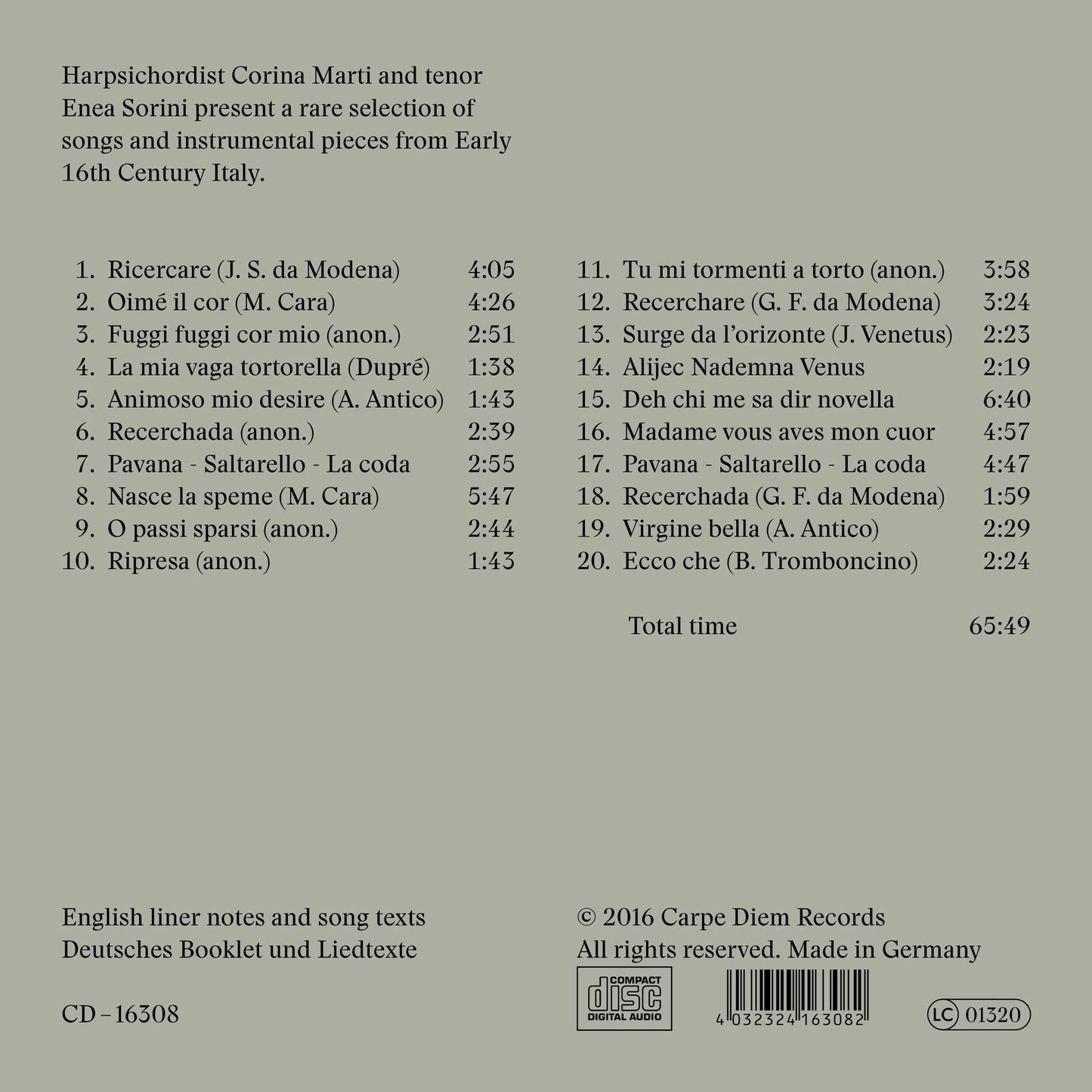 album backcover of Quando cala la notte by Corina Marti and Enea Sorini saying "Harpsichordist Corina Marti and tenor Enea Sorini present a rare selection of songs and instrumwntal pieces from Early 16th Century italy".