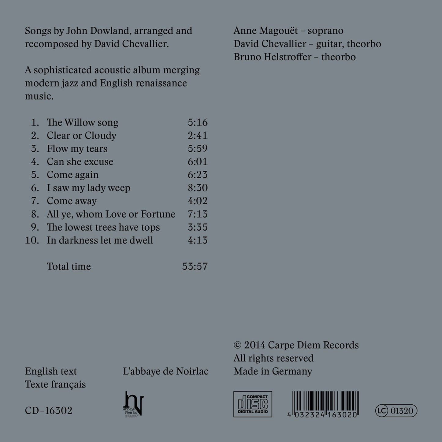 album backcover of Dowland - a game of mirrors by David Chevallier, Bruno Helstroffer and Anne Magouet, saying "songs by John Dowland, arranged and recomposed by David Chevallier. A sophisticated acoustic album merging modern jazz and English renaissance music".