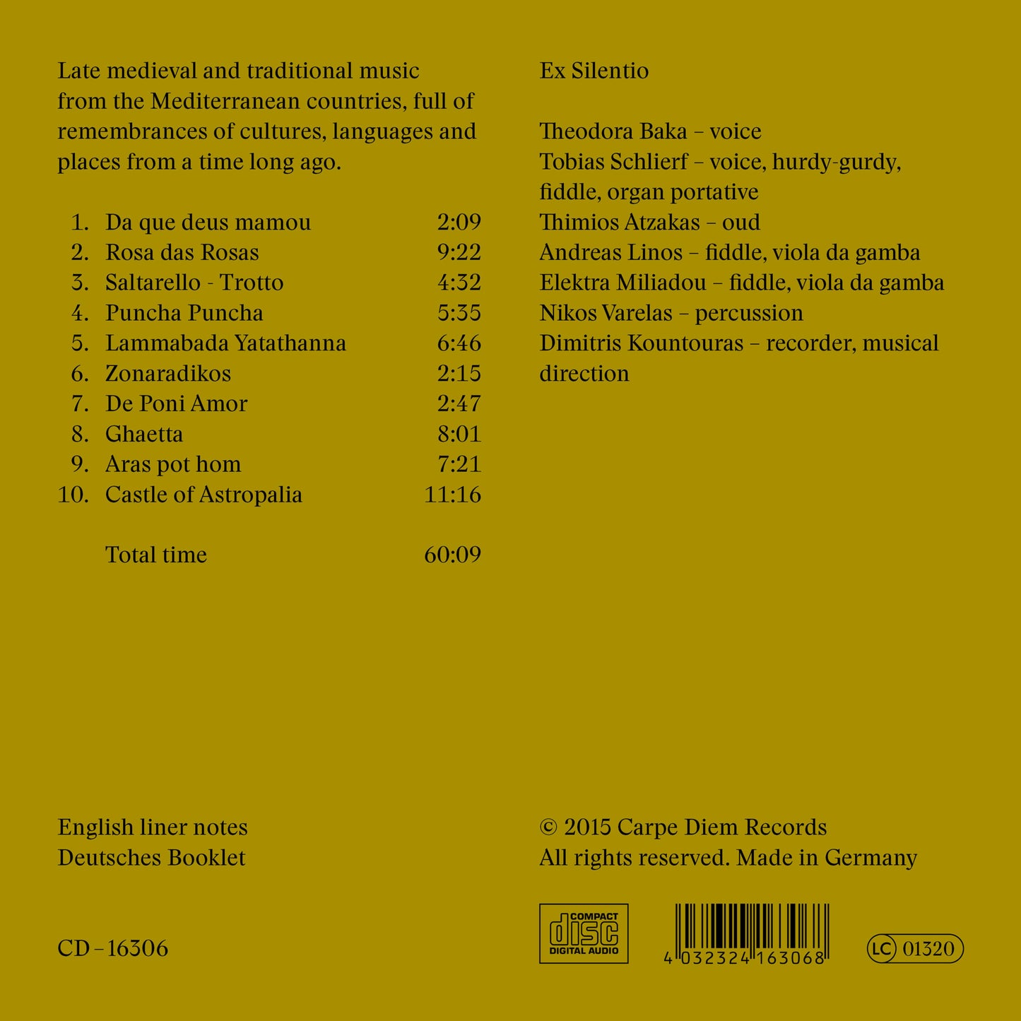 album backcover of the album "Mneme" by ensemble Ex Silentio saying "Late medieval and traditional music from the mediterranean countries, full of remembrances of cultures, languages and places from a long time ago".
