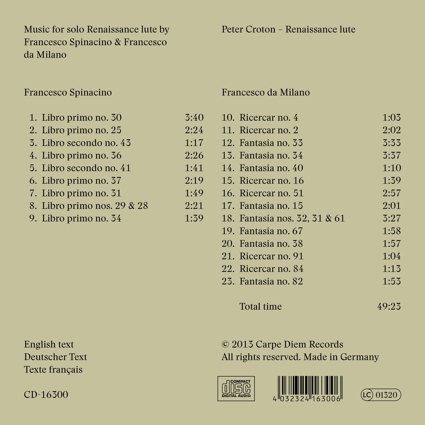 Album back cover of "The Two Francescos" by Peter Croton saying "Music for solo Renaissance lute by Francesco Spinacino & Francesco da Milano".