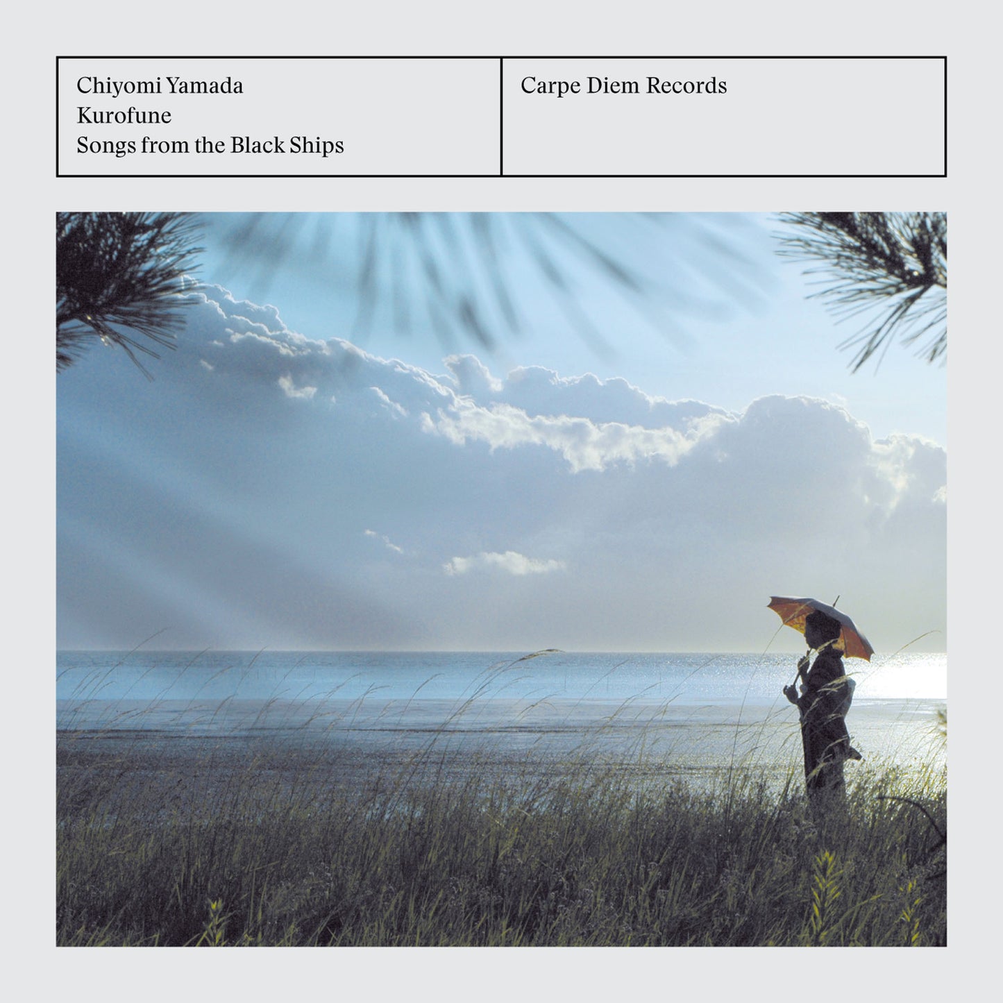 Cover of the album "Kurofune" by Chiyomi Yamada saying "Songs from the black ships" and showing the artist with a Japanese umbrella at a seaside scenery.