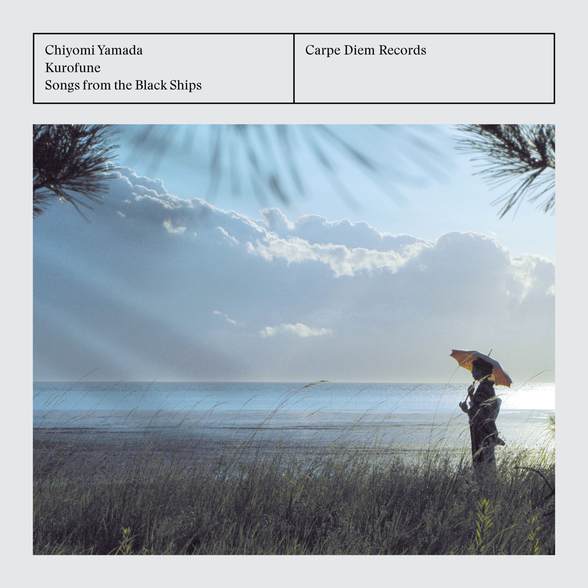 Cover of the album "Kurofune" by Chiyomi Yamada saying "Songs from the black ships" and showing the artist with a Japanese umbrella at a seaside scenery.