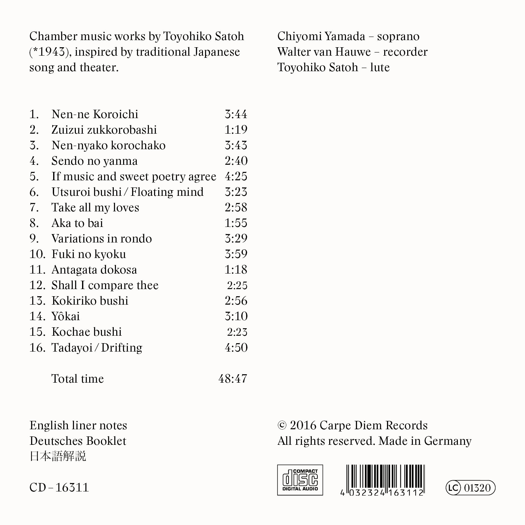 Back cover of the album "Yugen" by Toyohiko Satoh, saying "Chamber music works by Toyohiko Satoh (*1943), inspired by traditional Japanese song and theater". 