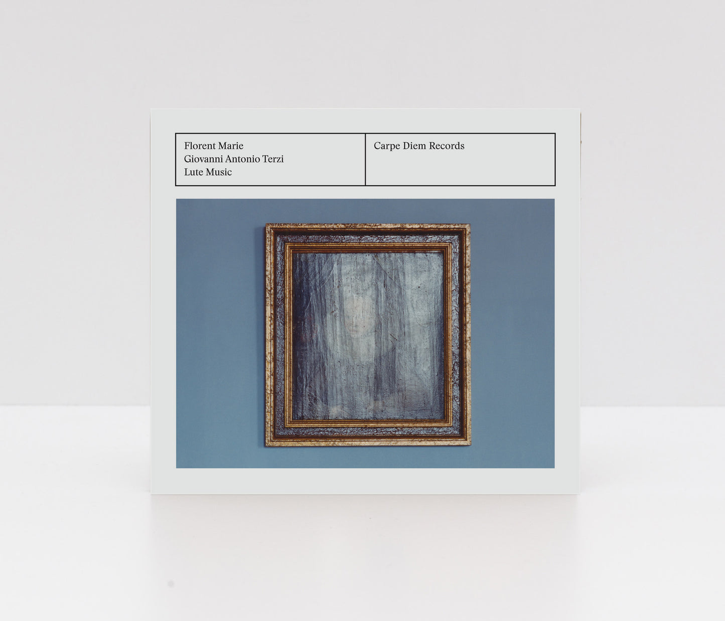 Digipack CD album "Terzi - lute music" by Florent Marie with a framed painting on a blue background.
