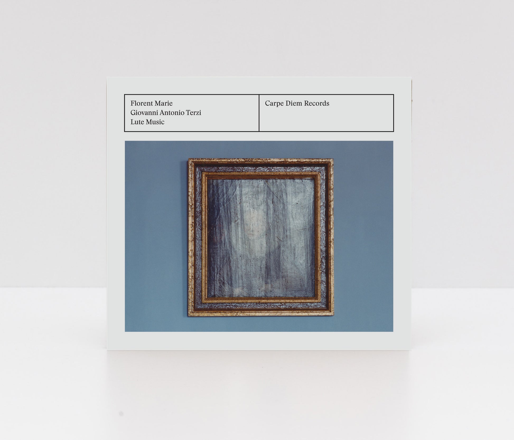 Digipack CD album "Terzi - lute music" by Florent Marie with a framed painting on a blue background.