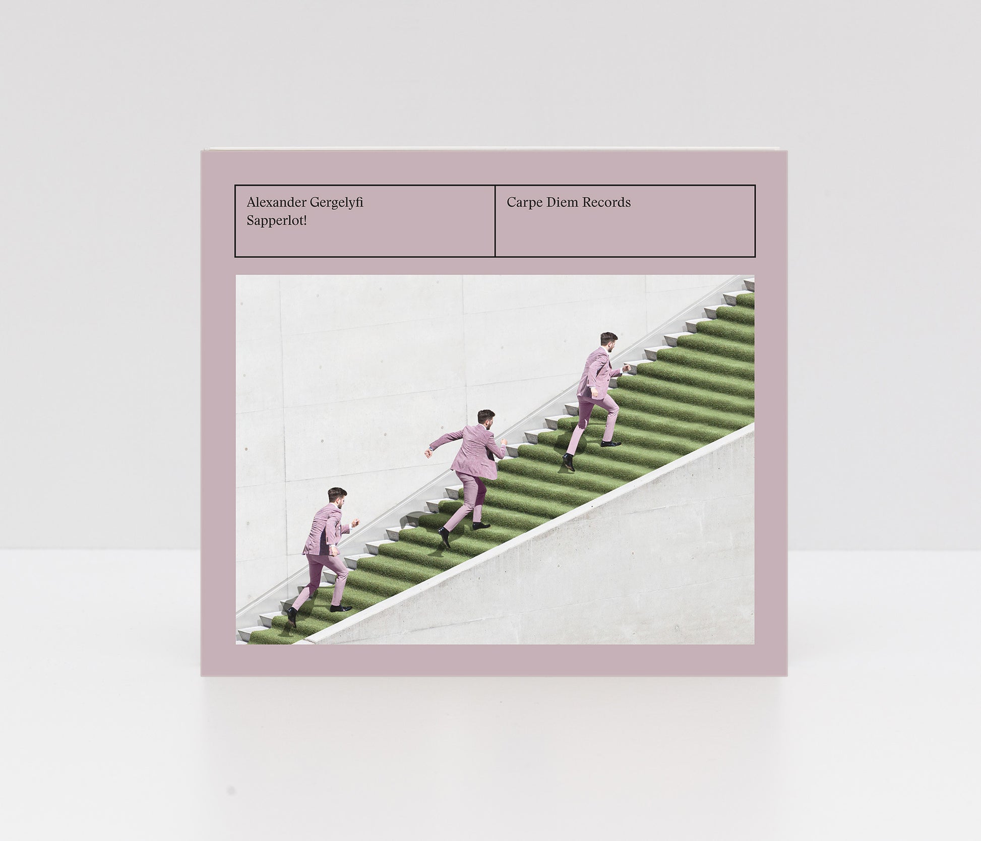 Digipack CD cover of "Sapperlot!" by Alexander Gergelyfi, showing the artist in a pink suit walking up a grass-covered staircase.