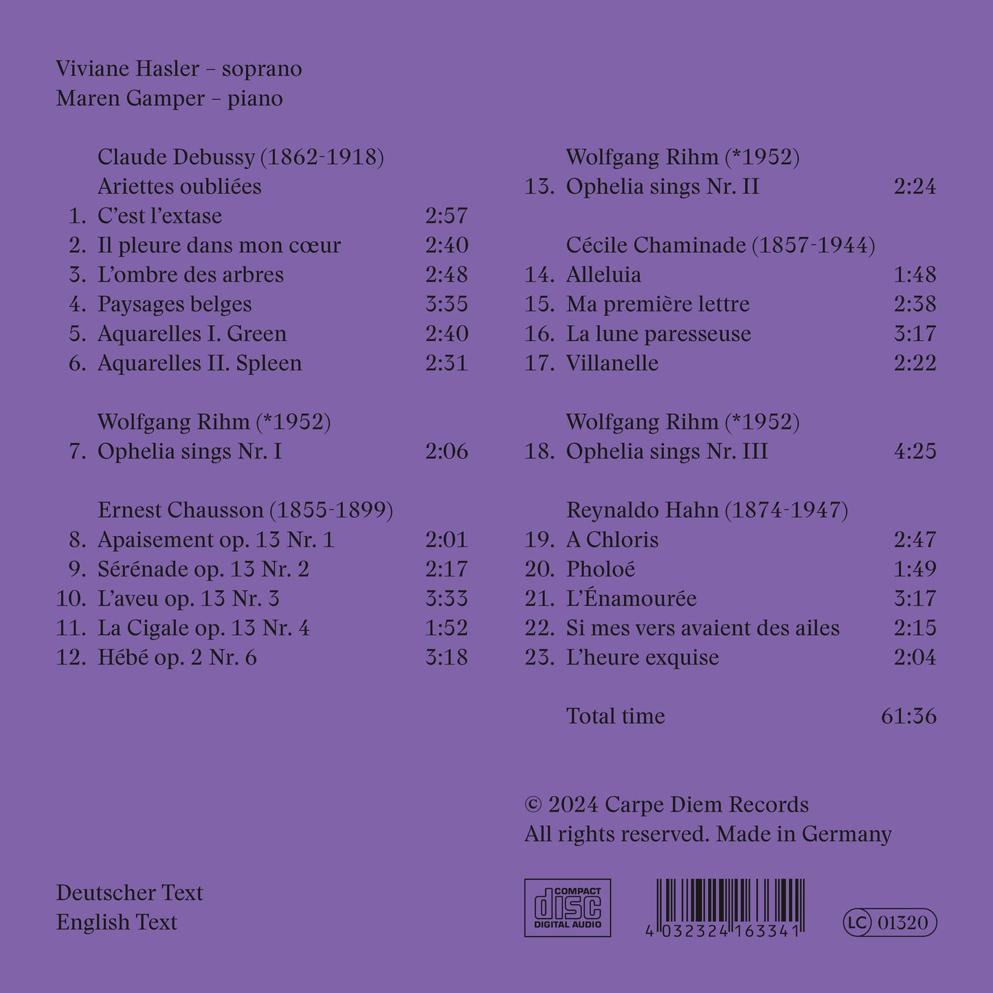 Back cover of the album "Melodies d'ailleurs" by soprano Viviane Hasler and pianist Maren Gamper