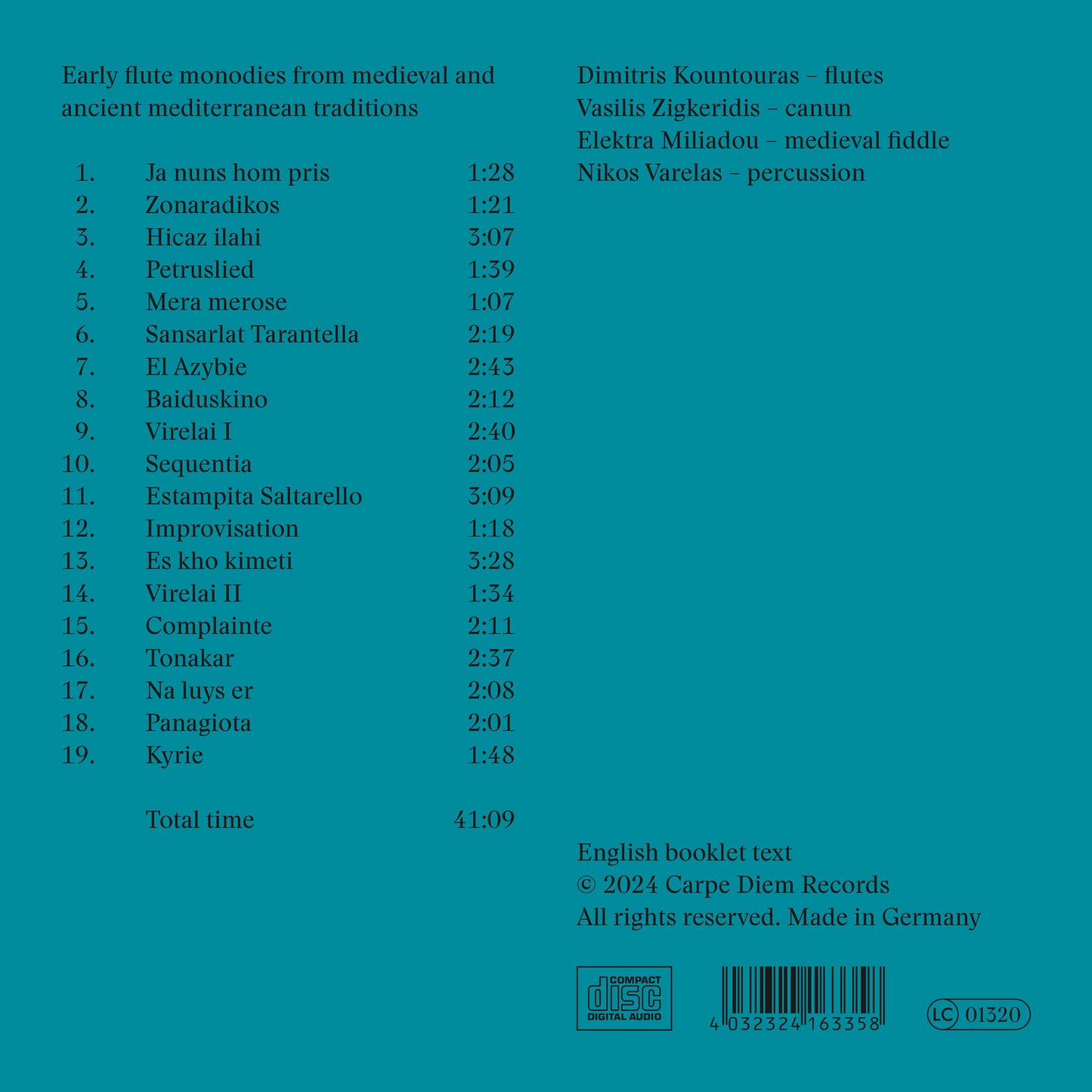 Back cover of the album "Ostium" by Dimitris Kountouras and ensemble Ex Silentio, released by Carpe Diem Records