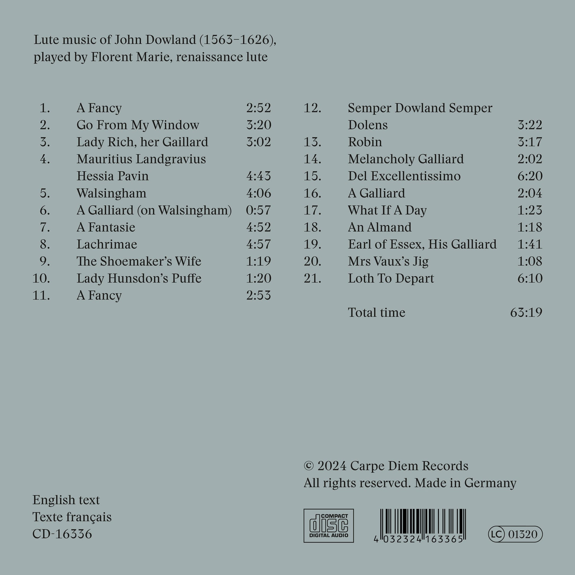 Back cover of the album "Dowland lute music" by Florent Marie, released by Carpe Diem Records