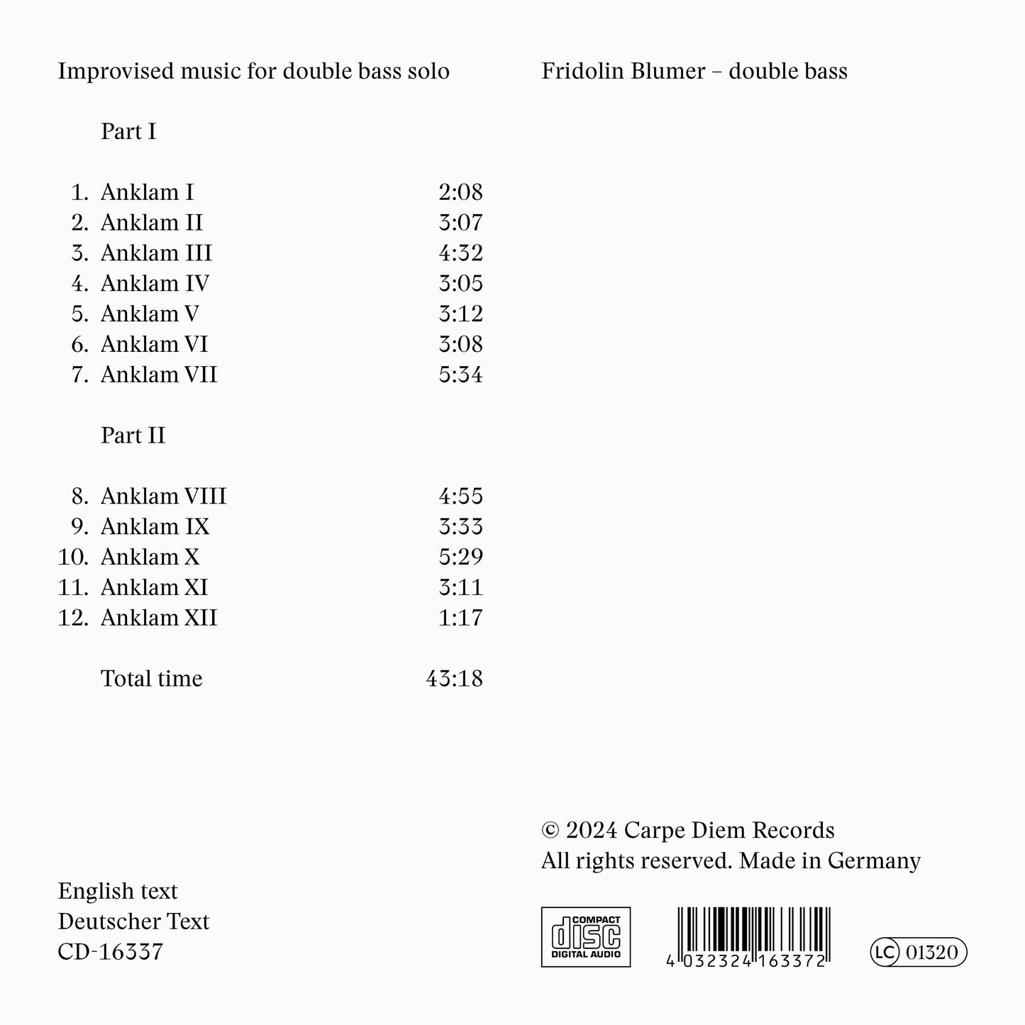 Back cover of the album "Anklam" by Fridolin Blumer, saying "improvised music for double bass solo"