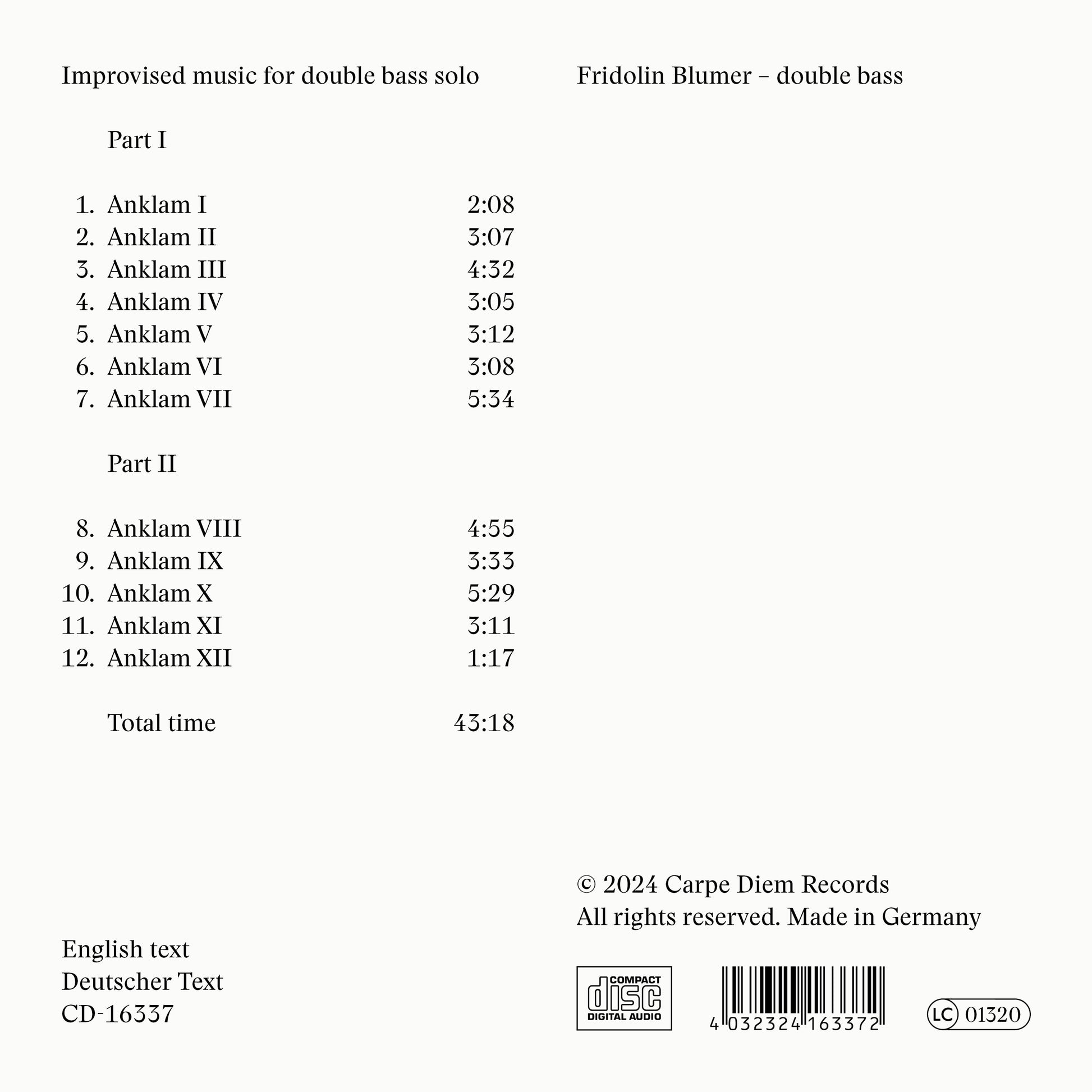 Back cover of the album "Anklam" by Fridolin Blumer, saying "improvised music for double bass solo"
