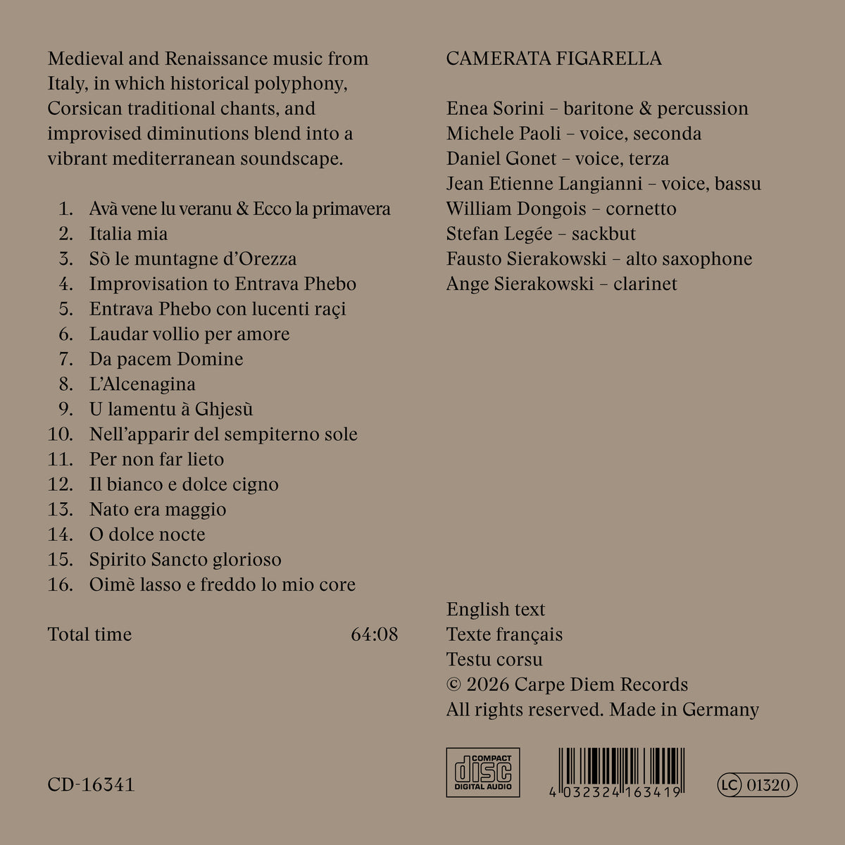 The back cover of a music CD for 'Cantà in cumpagnia' by Camerata Figarella on Carpe Diem Records, featuring a tracklist, composer and performer credits, and barcode on a warm brown background.