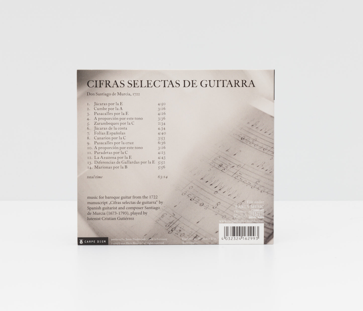 Back cover of "Cifras selectas de Guitara" by Cristian Gutiérrez, saying "music for baroque guitar from the 1722 manuscript by Spanish guitarist and composer Santiago de Murcia (1673-1793)". 