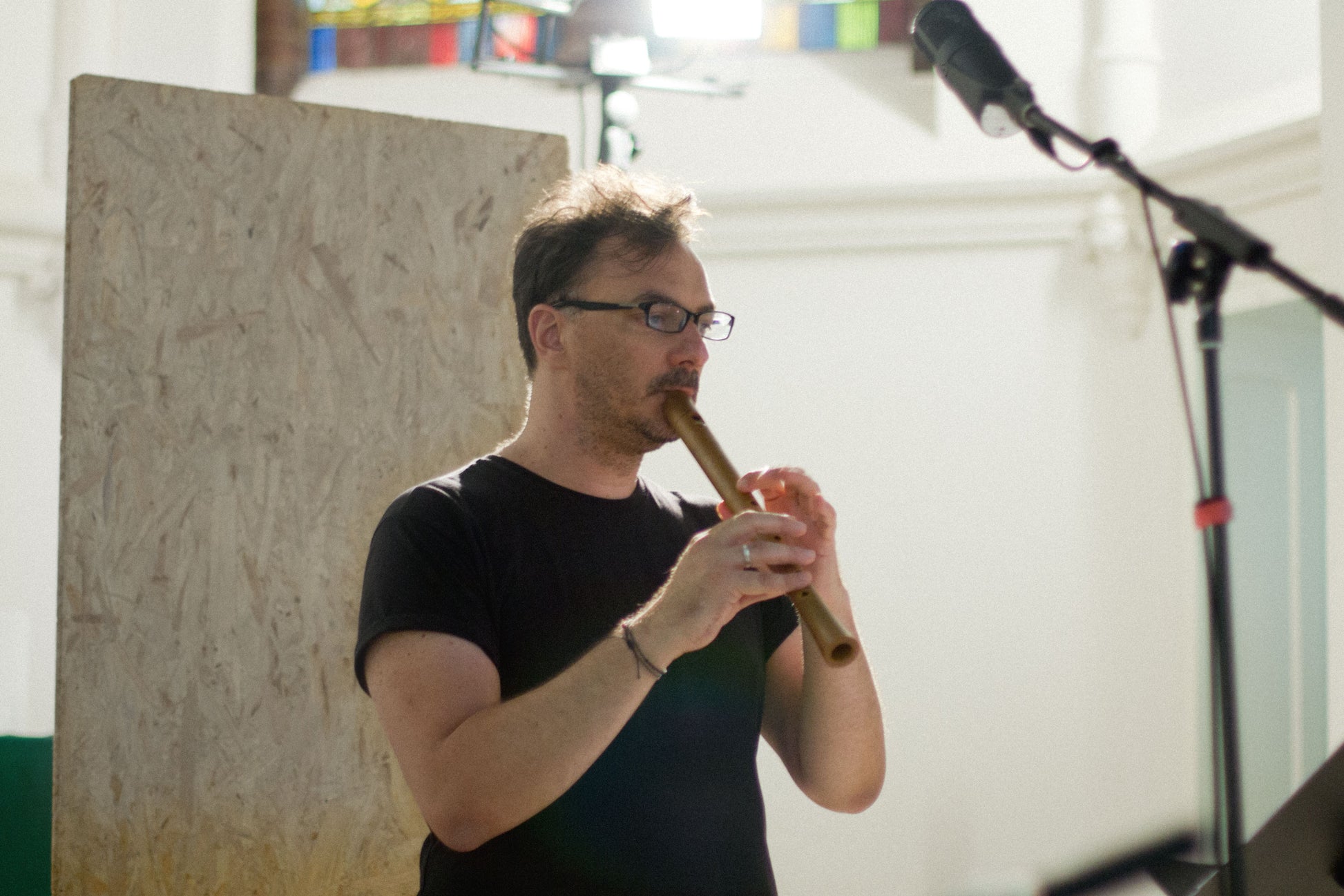 Dimitris Kountouras playing flute at the recording sessions for "Ostium" in the Andreaskirche Berlin-Wannsee. 