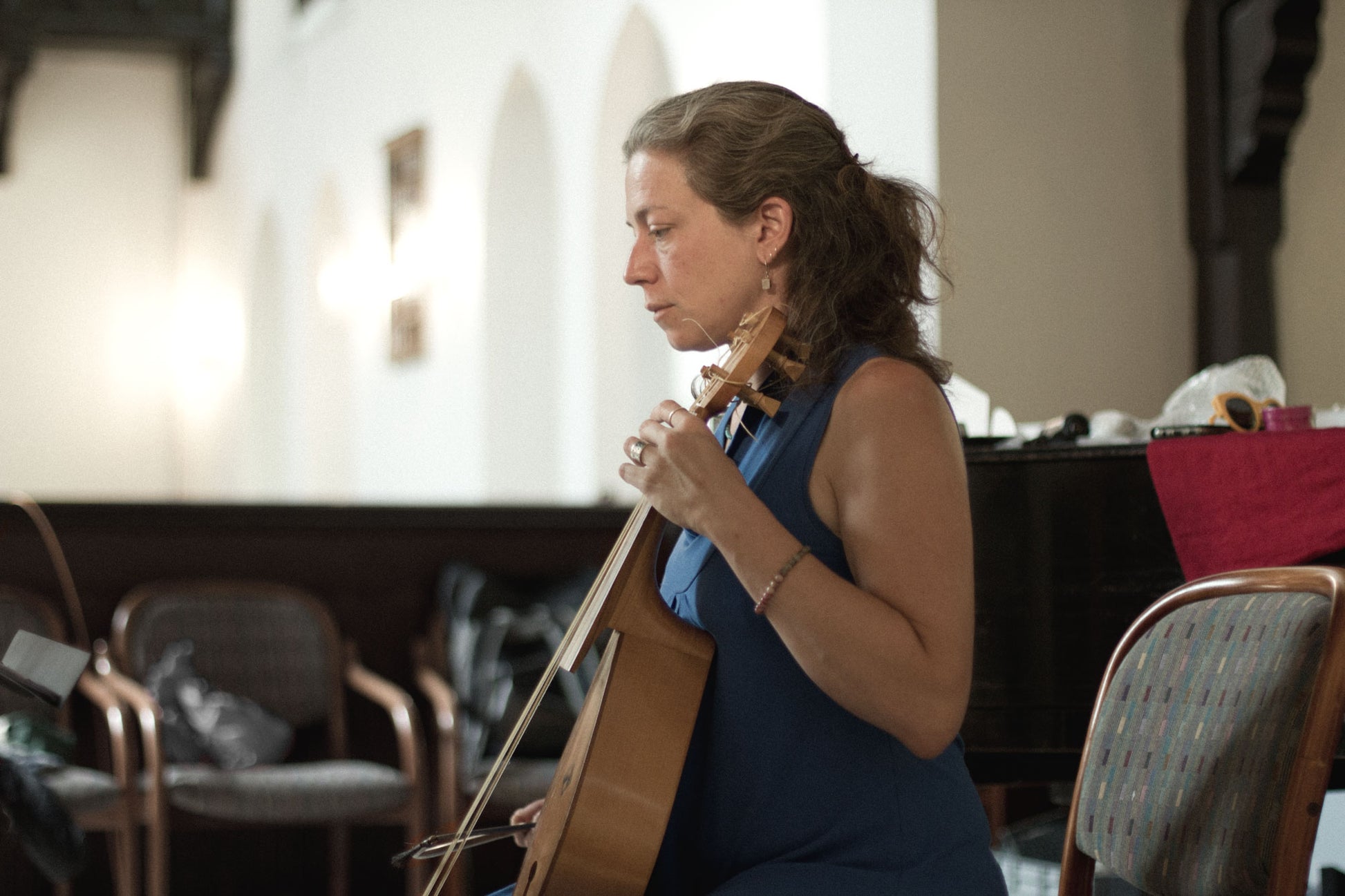 Elektra Miliadou playing a medieval fiddle at the recording sessions for "Ostium" in the Andreaskirche Berlin-Wannsee. 