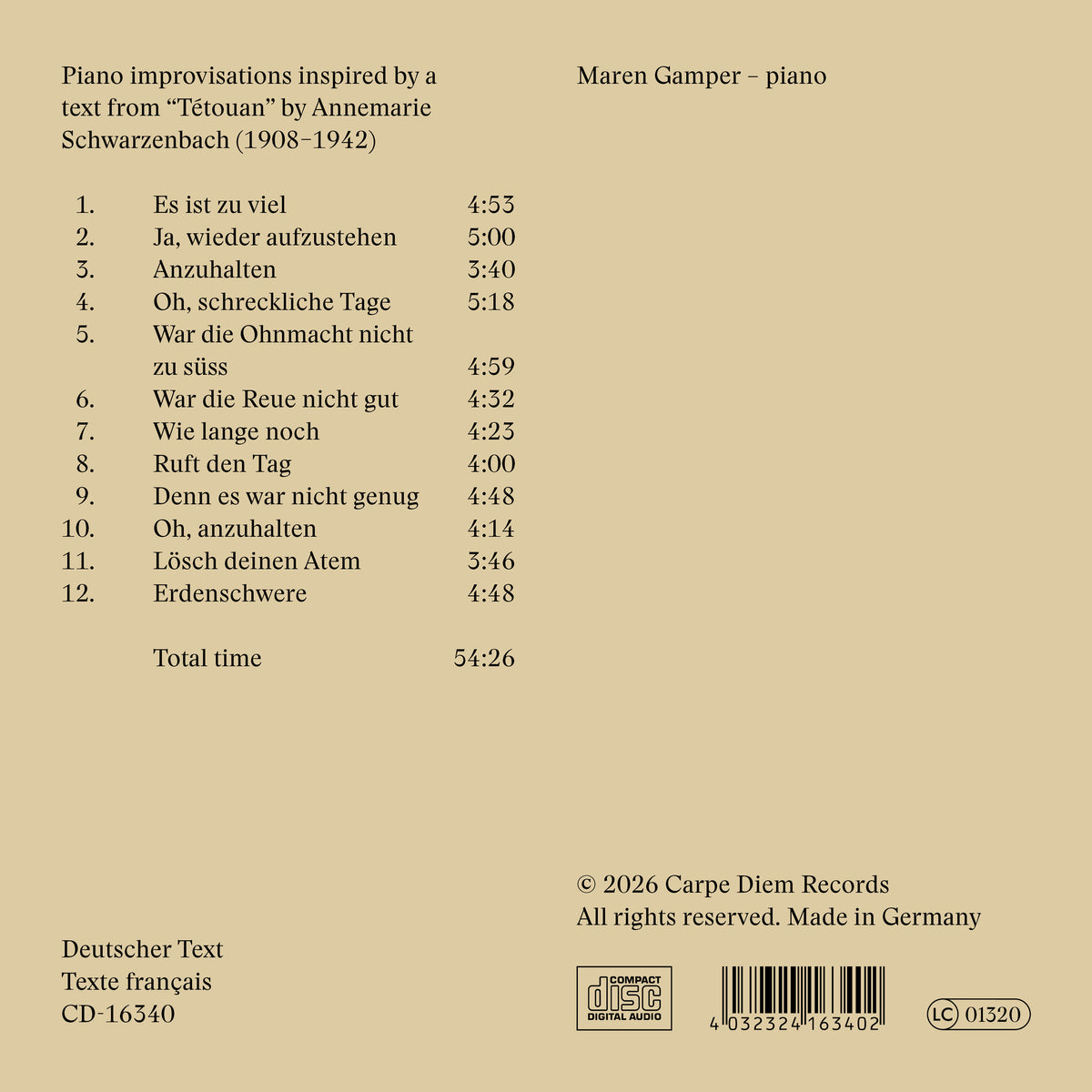 Back side of the CD Erdenschwere by Maren Gamper, including the tracklist of the album