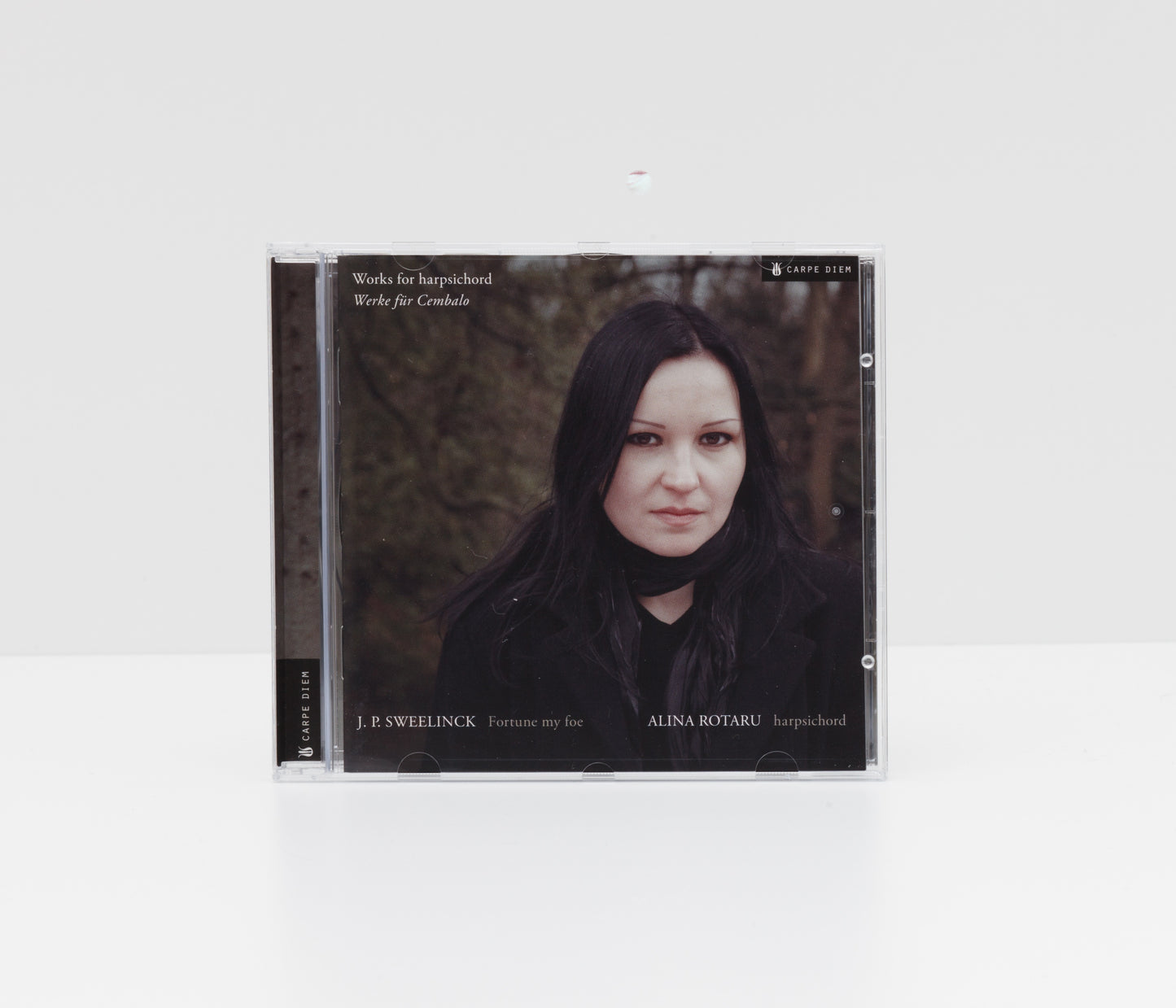 Jewelcase album cover of "Fortune My Foe" by Alina Rotaru saying "works for harpsichord", showing a portrait of the artist. 