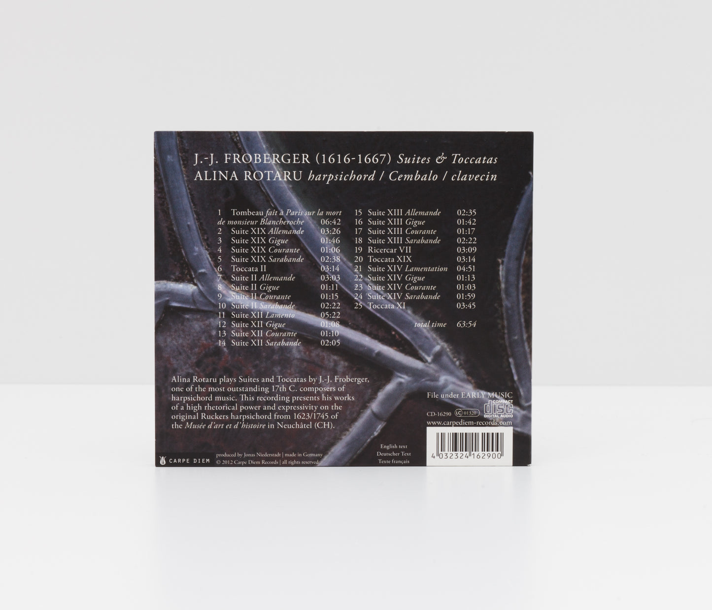 Digipack back cover of "Froberger: Toccatas & Suites" by Alina Rotaru.