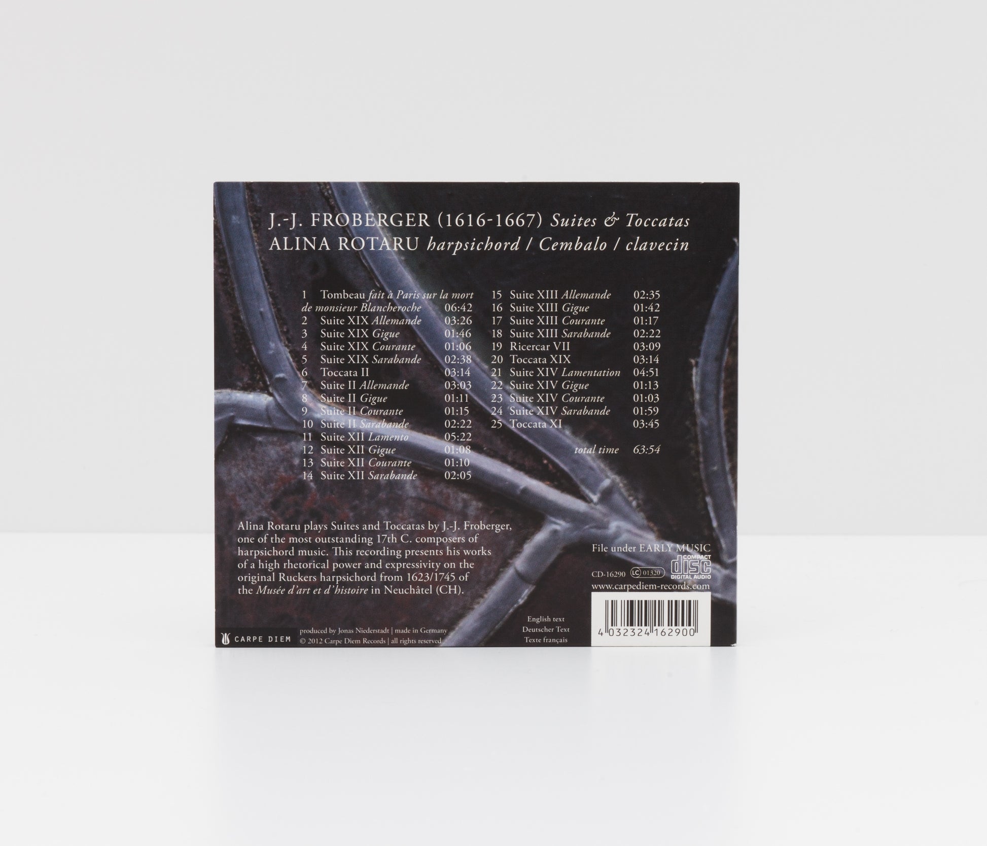 Digipack back cover of "Froberger: Toccatas & Suites" by Alina Rotaru.