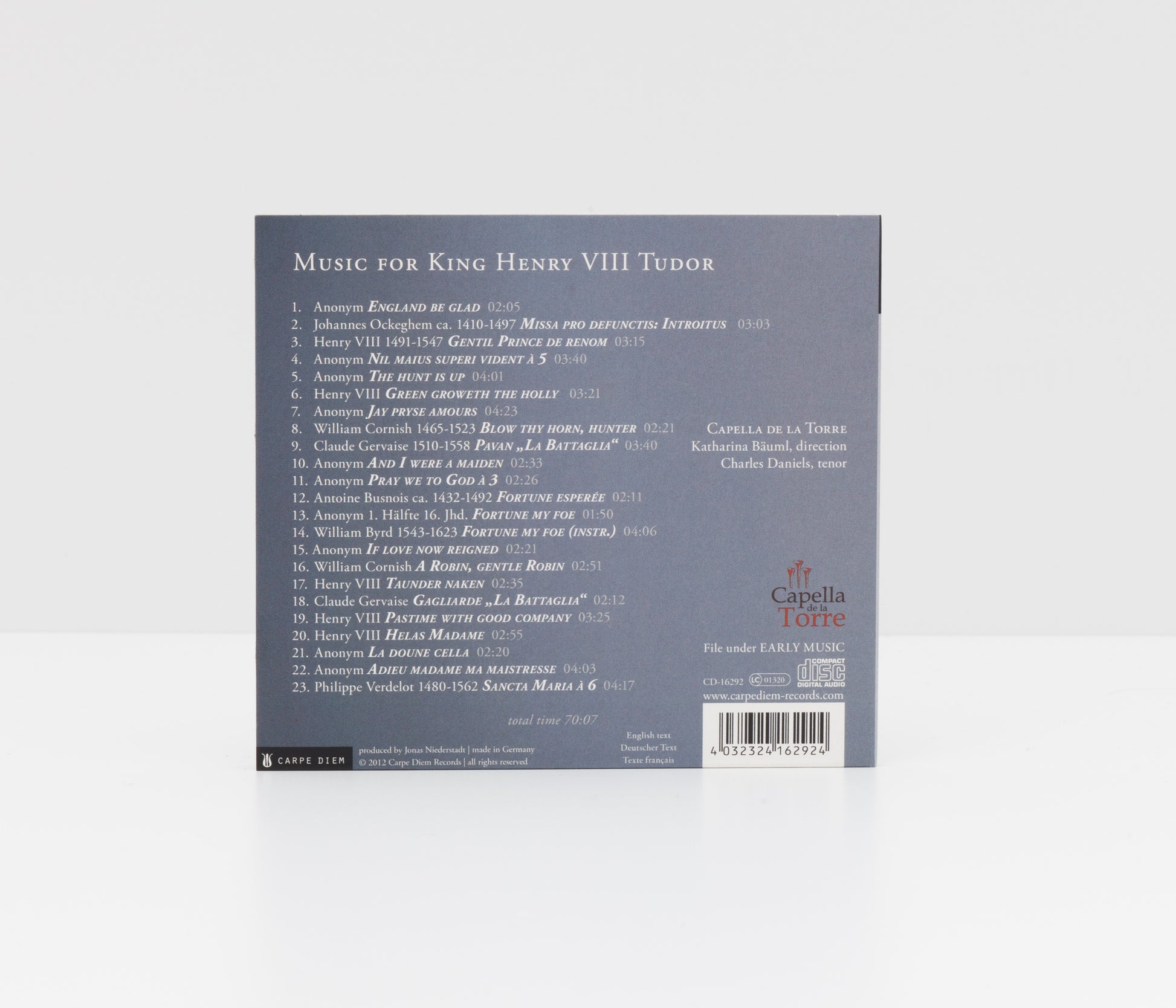 Digipack album back cover of "Harry our King" by Capella de la Torre and Katharina Bäuml