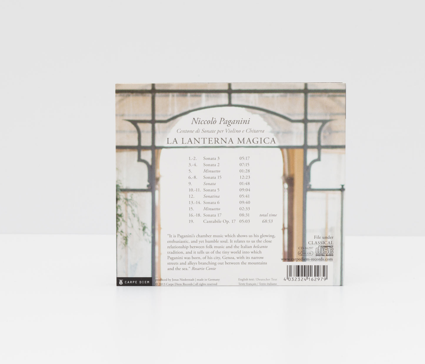 Digipack back cover of La Lanterna Magica by Keiko Yamaguchi (violin) and Rosario Conte (guitar)