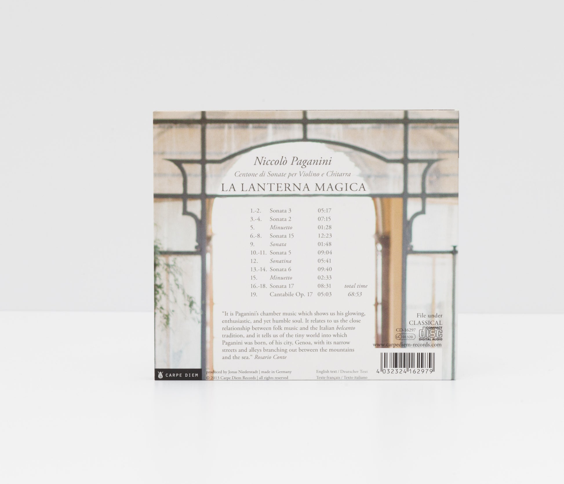 Digipack back cover of La Lanterna Magica by Keiko Yamaguchi (violin) and Rosario Conte (guitar)