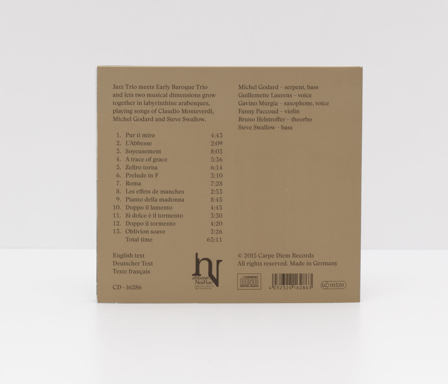 Digipack back cover of Michel Godard's album "Monteverdi - a trace of grace"
