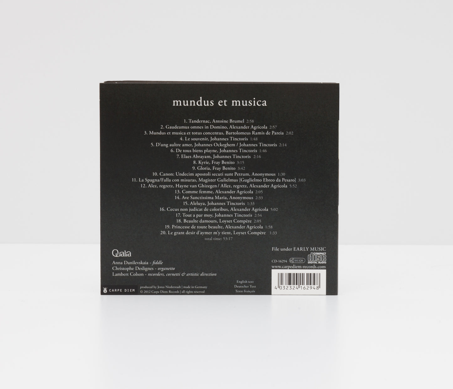 Digipack album back cover of "mundus et musica" by Ensemble Qualia showing the tracklist of the album. 