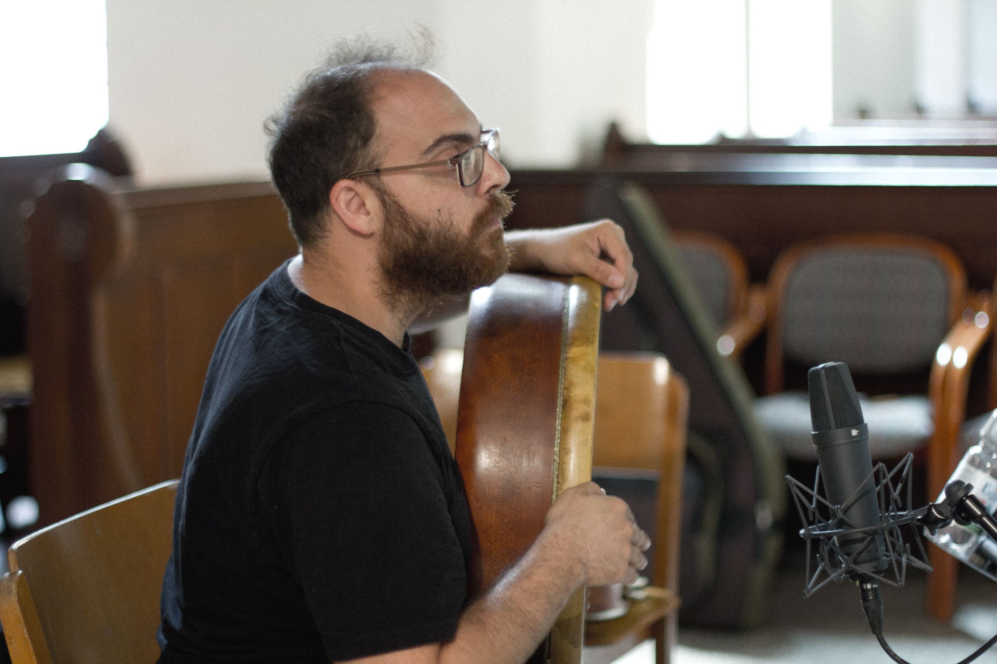 Nikos Varelas playing percussion at the recording sessions for "Ostium" in the Andreaskirche Berlin-Wannsee. 
