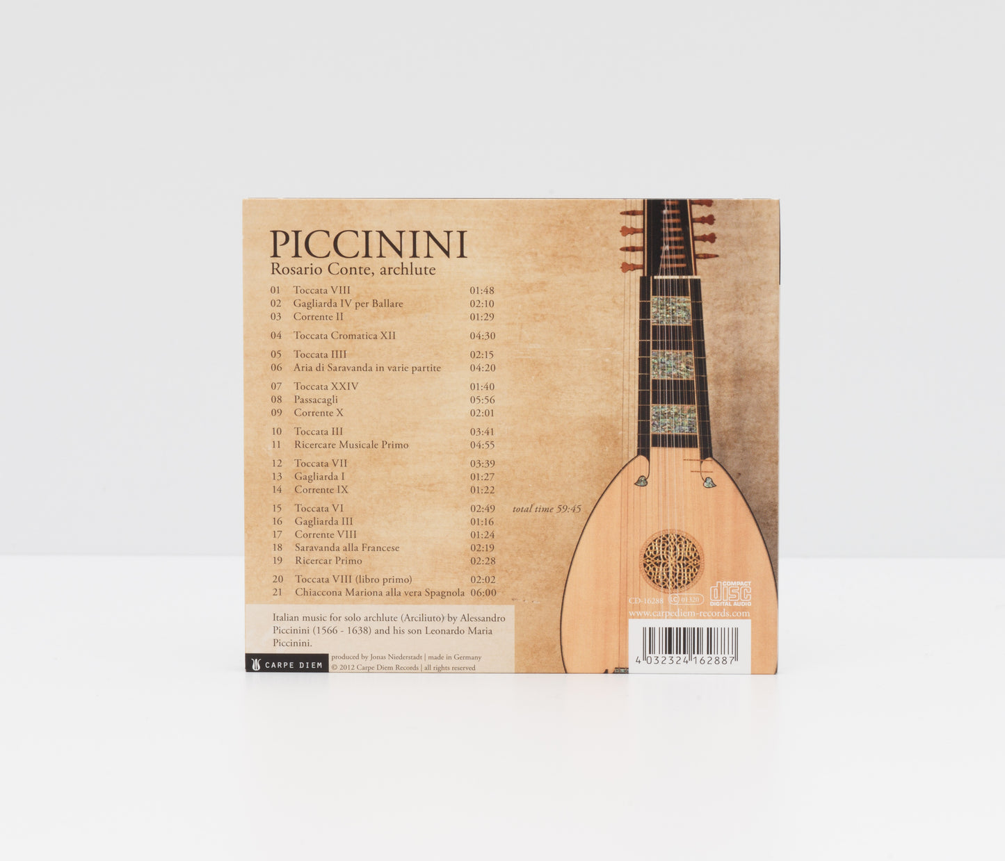 Digipack back cover of "Piccinini" by Rosario Conte (archlute)