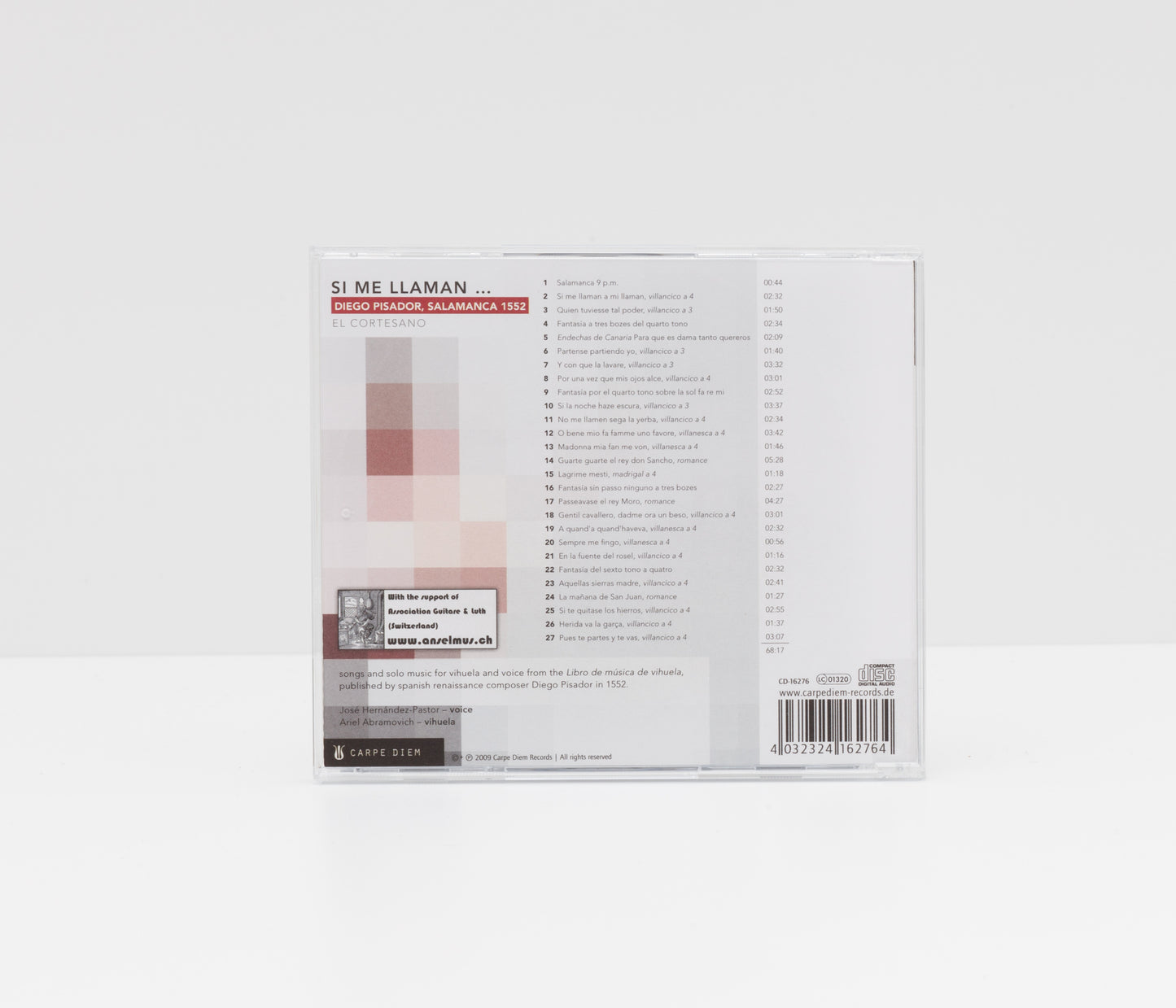 Jewelcase back cover of "Si me llaman ..." by El Cortesano, Ariel Abramovich and Jose Hernandez-Pastor, showing the tracklist. 