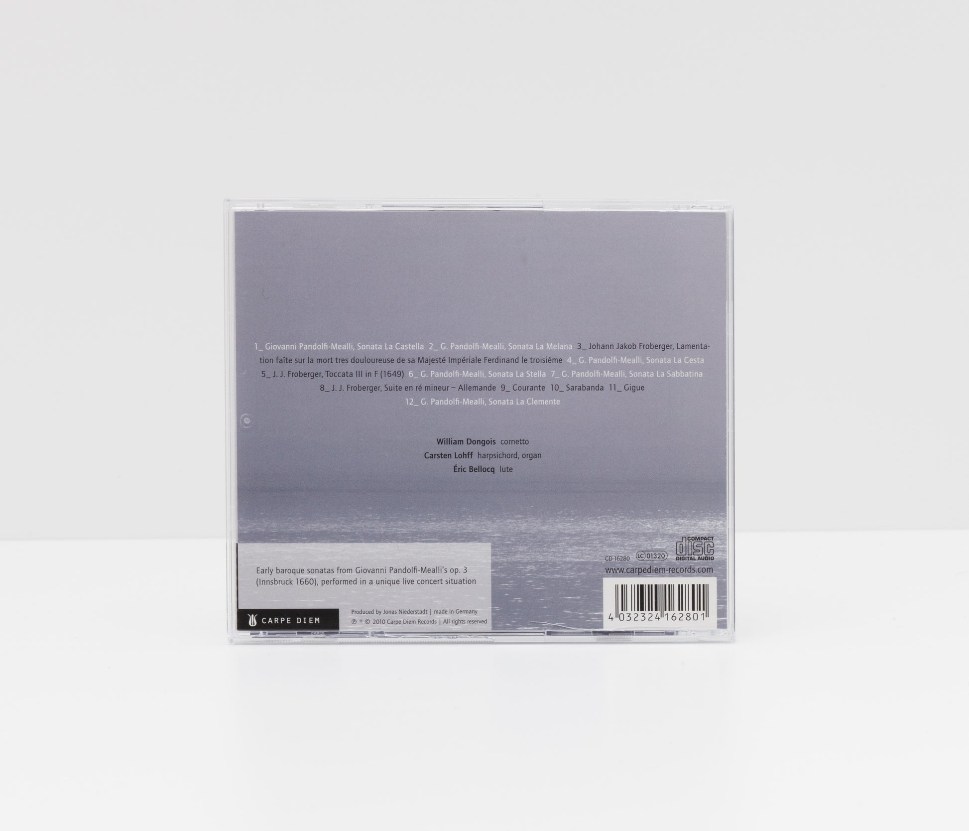 Album back cover of Style Fantastique by Le Concert Brise & William Dongois, saying "Early baroque sonatas from Giovanni Pandolfi-Mealli's op. 3 (Innsbruck 1660), performed in a unique live concert situation". 