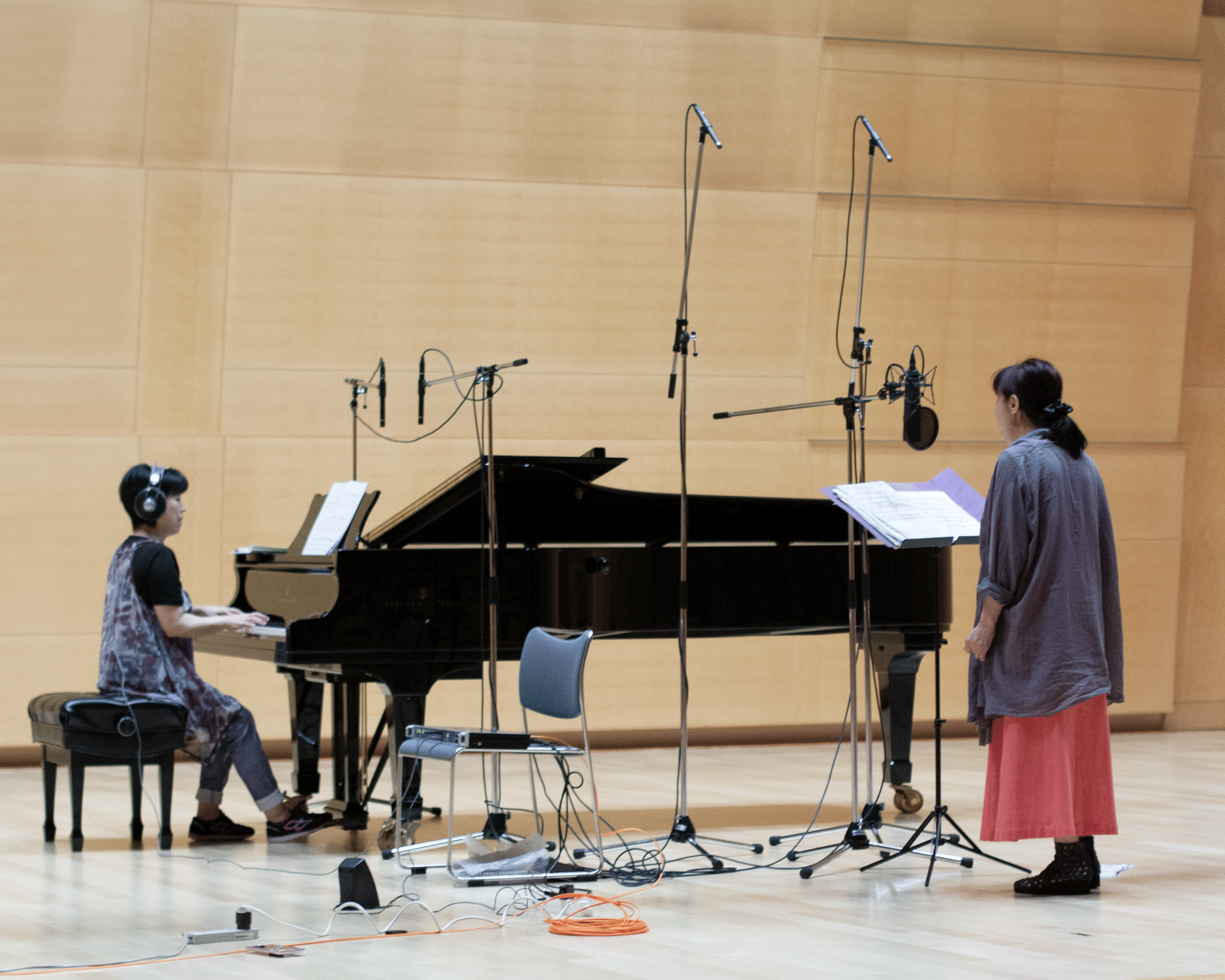 Chiyomi Yamada and Reiko Yamada at the recording sessions for their album "Gilyak Songs" for Carpe Diem Records in the Kirishima concert hall, Japan. 