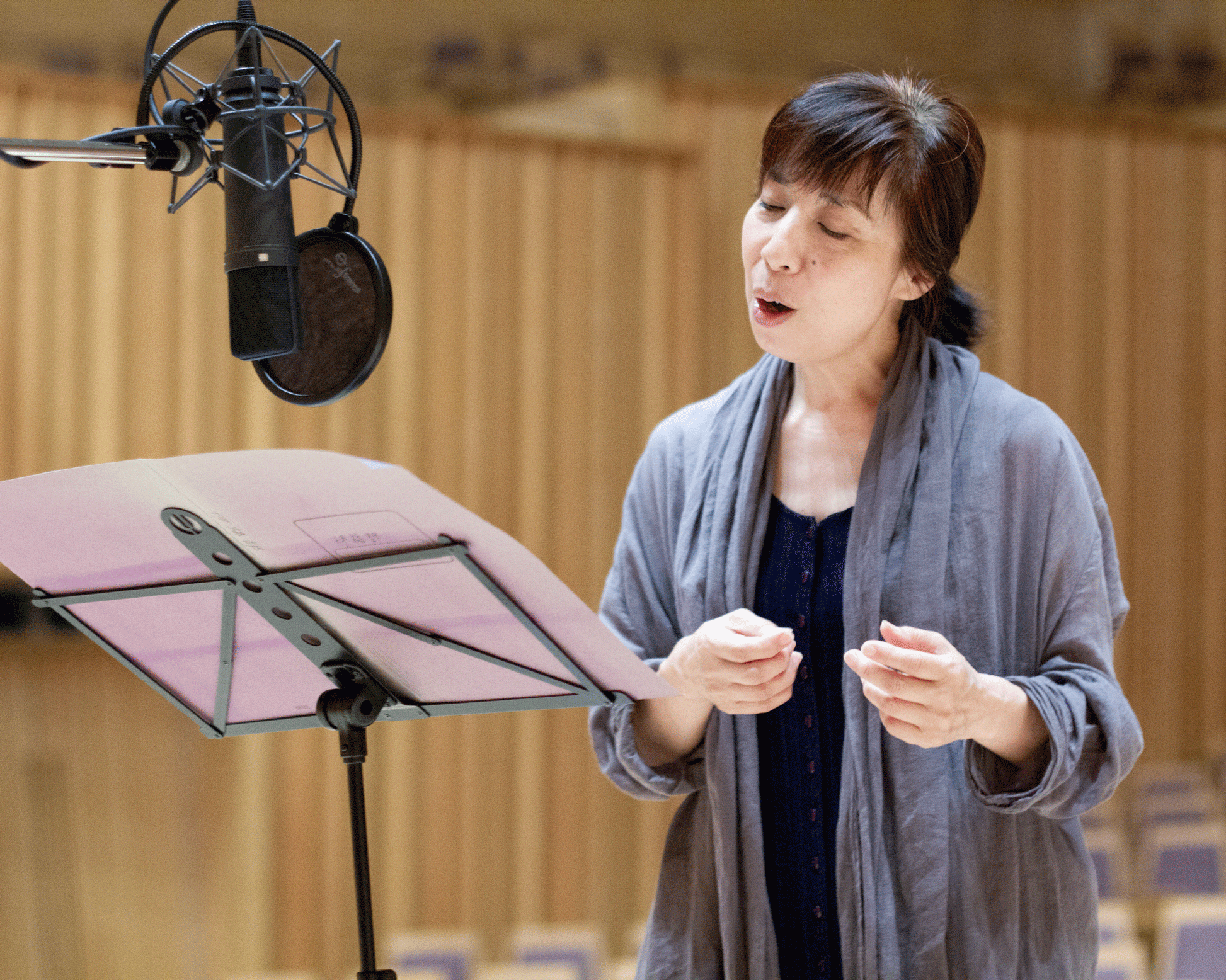 Chiyomi Yamada singing at the recording sessions for her album "Gilyak Songs" for Carpe Diem Records in the Kirishima concert hall, Japan. 