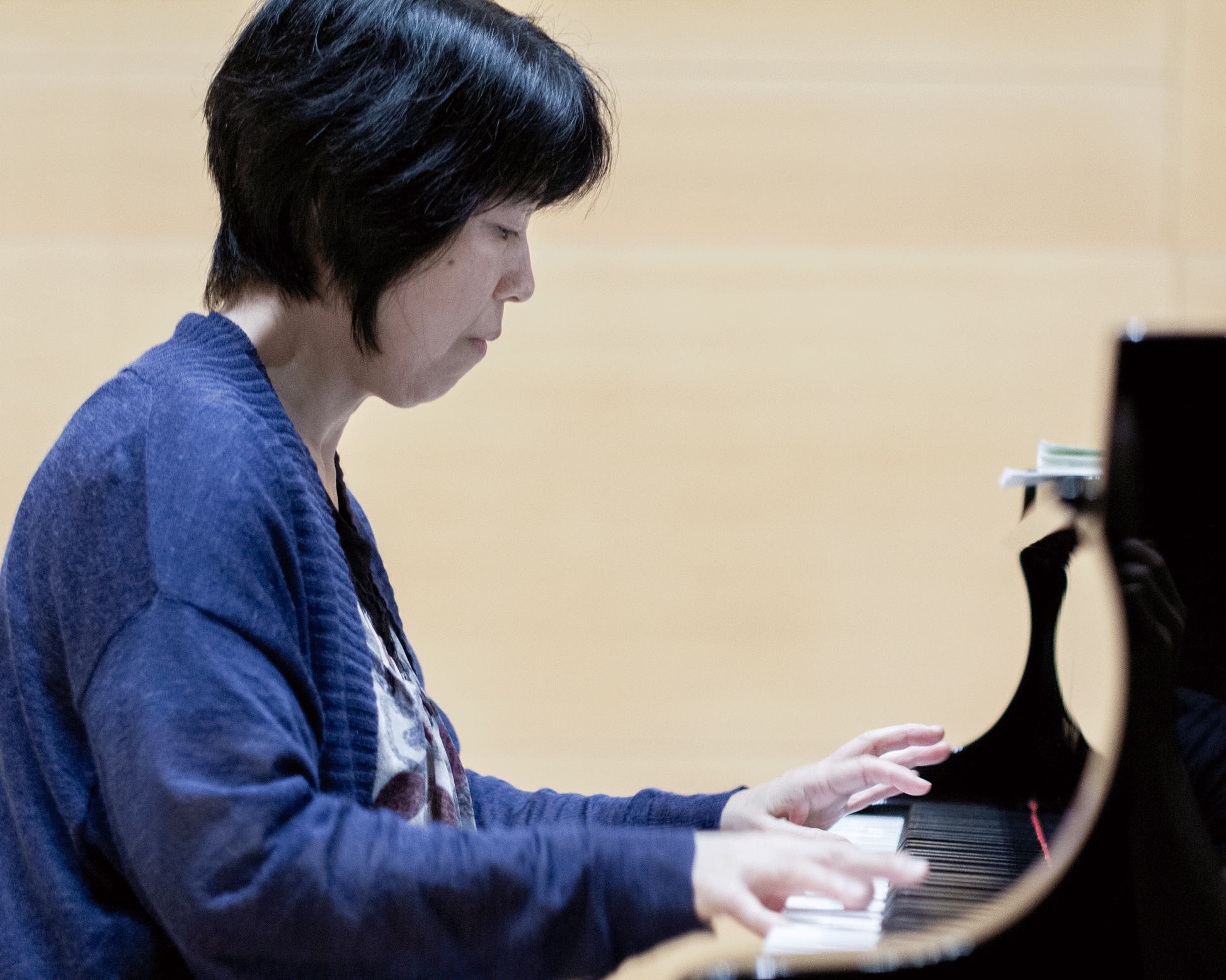 Reiko Yamada playing piano at the recording sessions for the album "Gilyak Songs" for Carpe Diem Records in the Kirishima concert hall, Japan. 