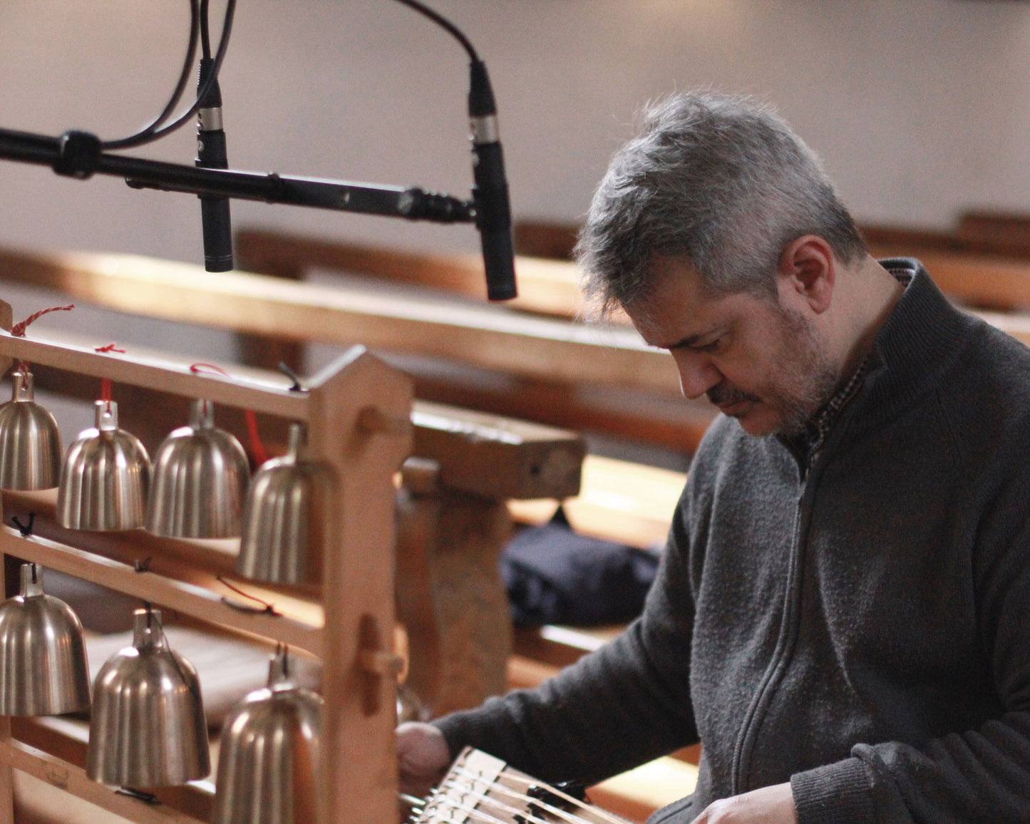 David Mayoral playing Bells and Santur during the recording sessions for "El Cant de la Sibil.la" in a church in Switzerland. 