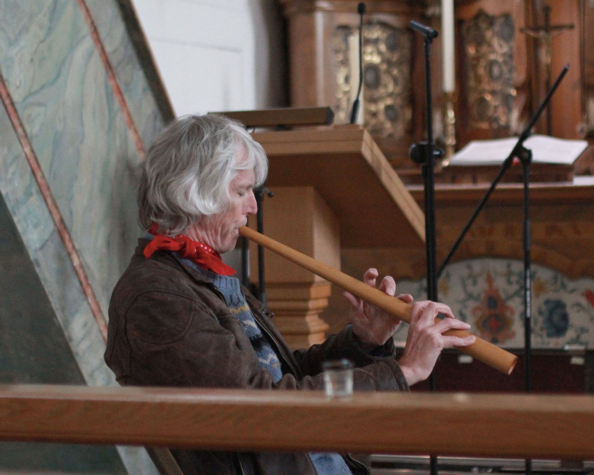 Ian Harrison playing a cornet at the recording of the album "El Cant de la Sibilla" with Arianna Savall. 