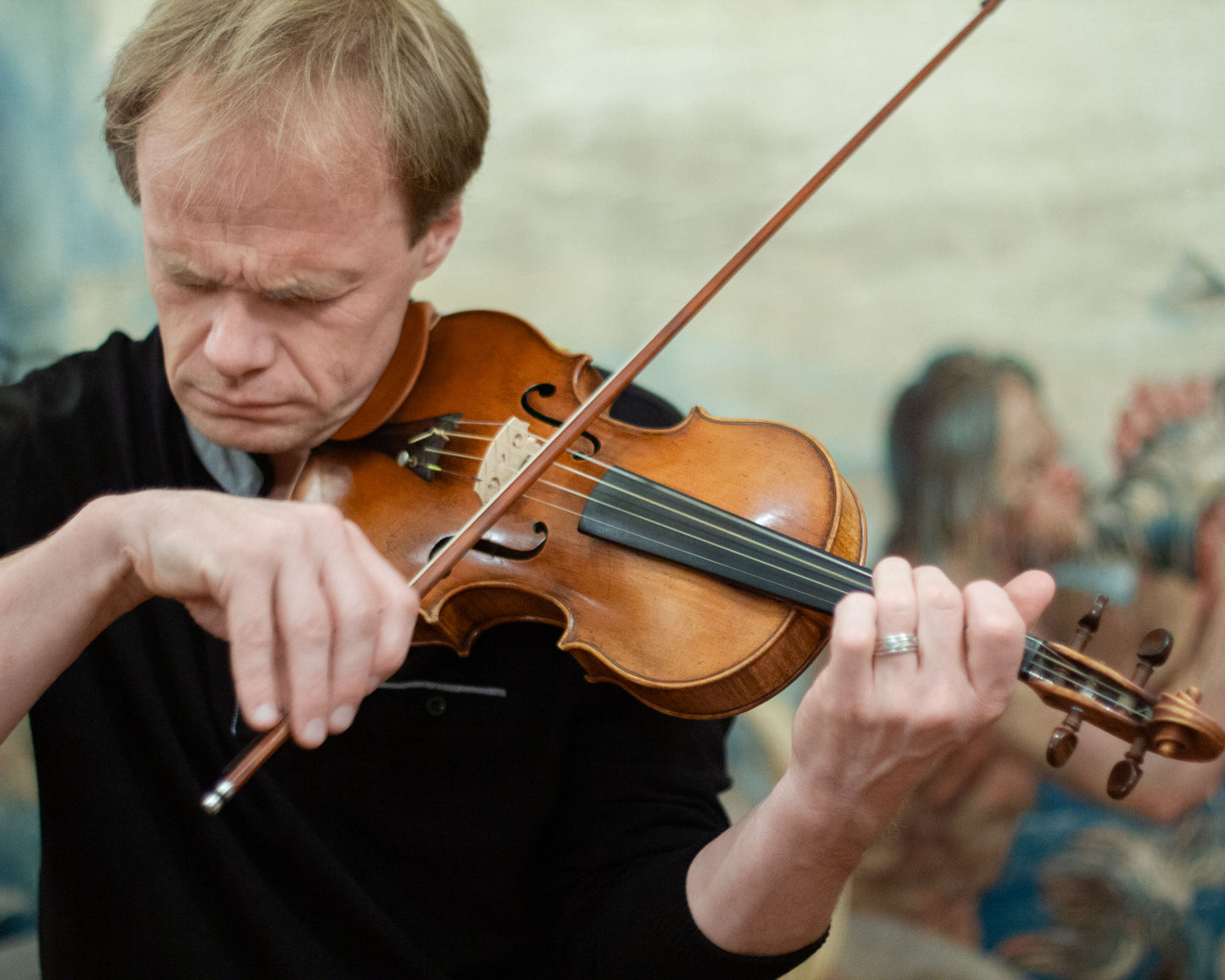 Petter Udland Johansen playing the violin at the recording sessions of the Hirundo Maris album "The Wind Rose" for Carpe Diem Records