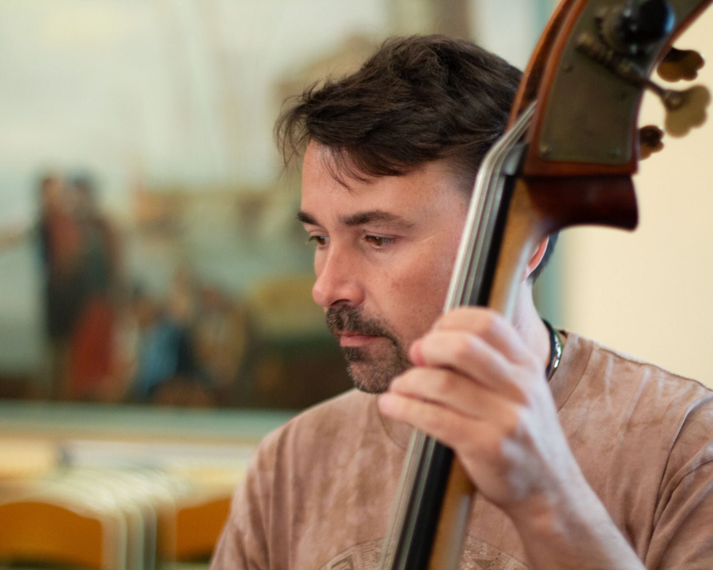 Miguel Angel Cordero playing the double bass at the recording sessions of the Hirundo Maris album "The Wind Rose" for Carpe Diem Records
